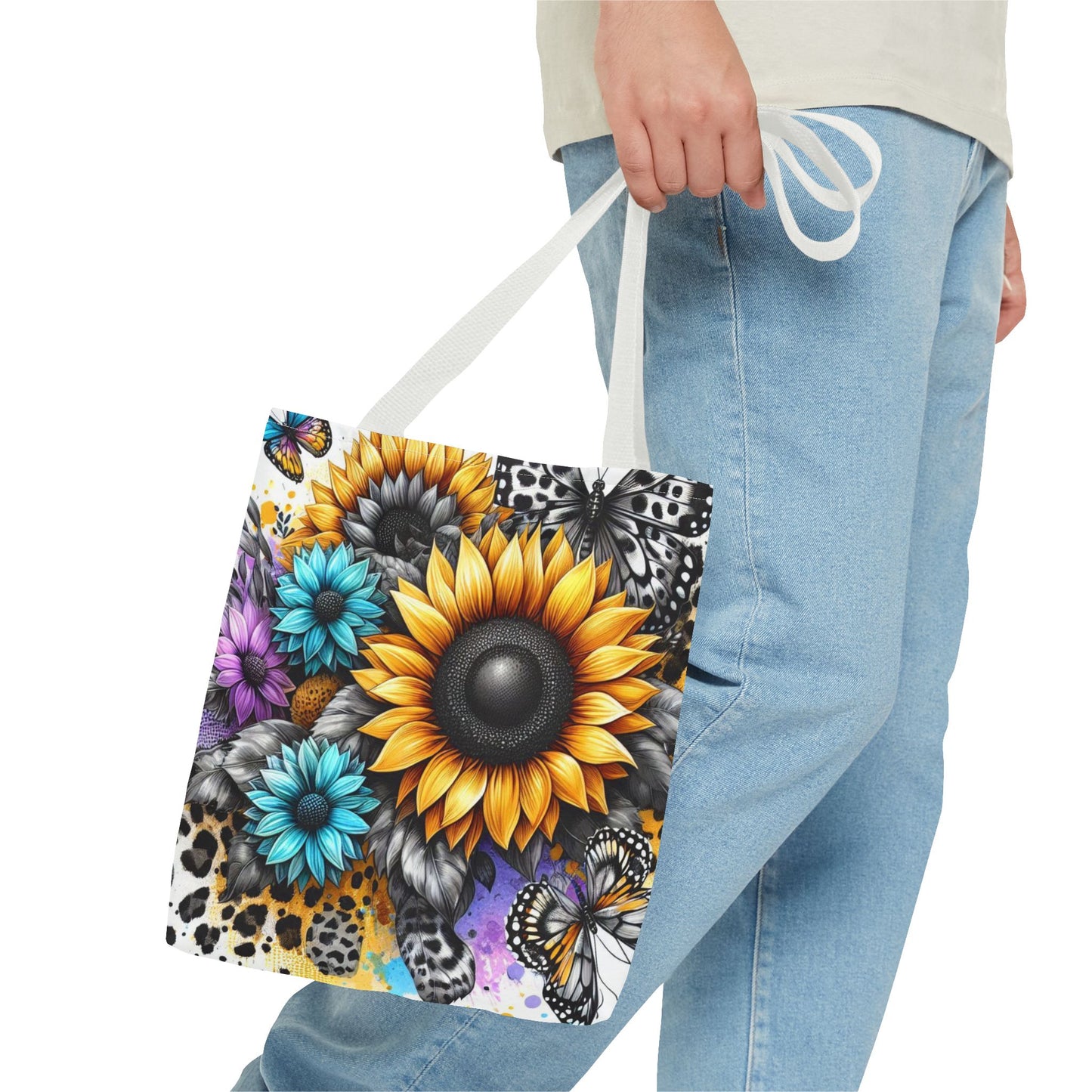 Sunflower & Butterfly Tote Bag — Colorful Floral All-Over Print