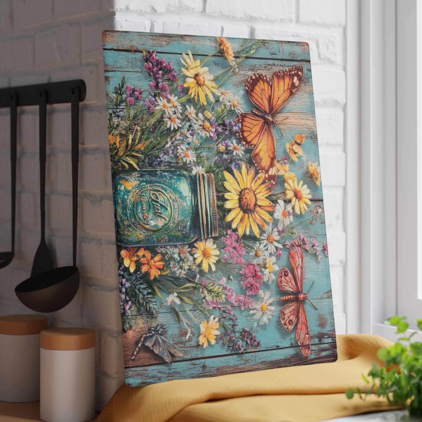 Botanical Beauty Glass Cutting Board with Butterflies and Flowers