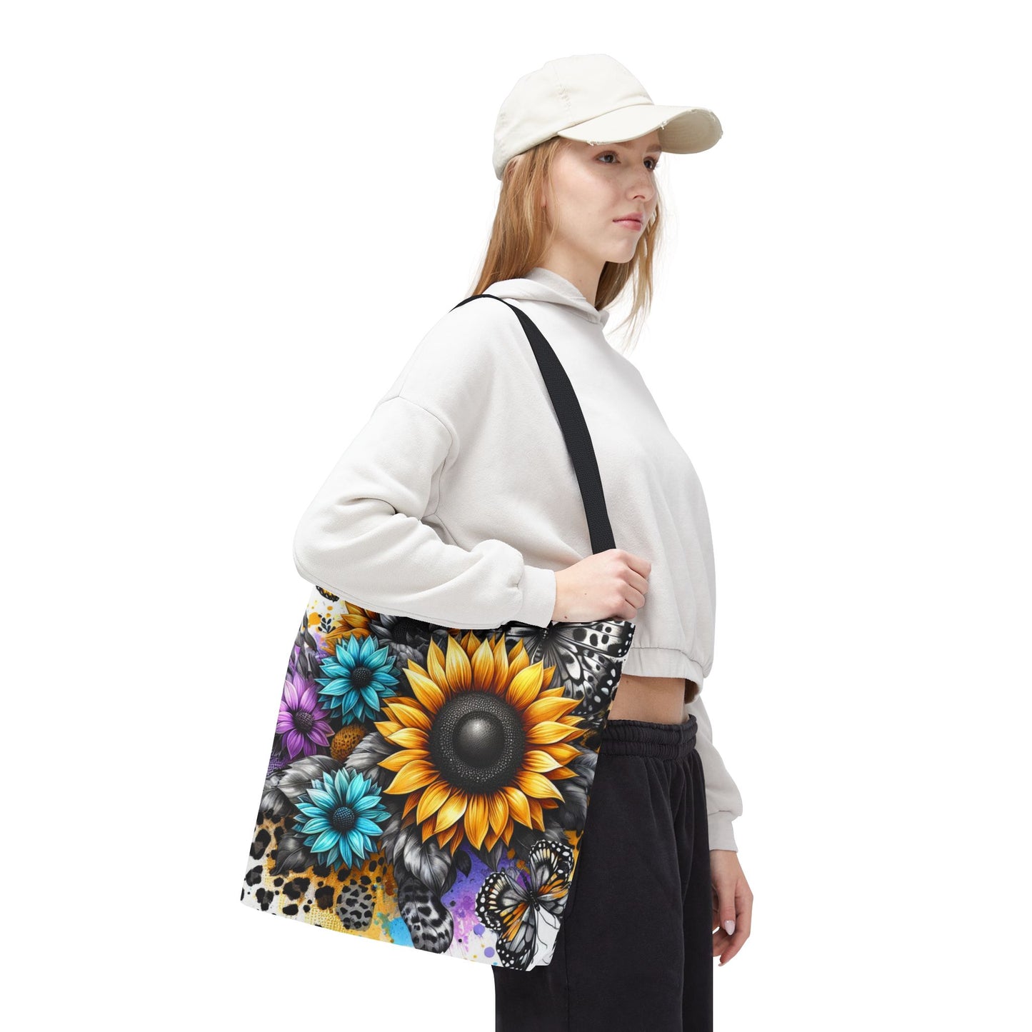 Sunflower & Butterfly Tote Bag — Colorful Floral All-Over Print