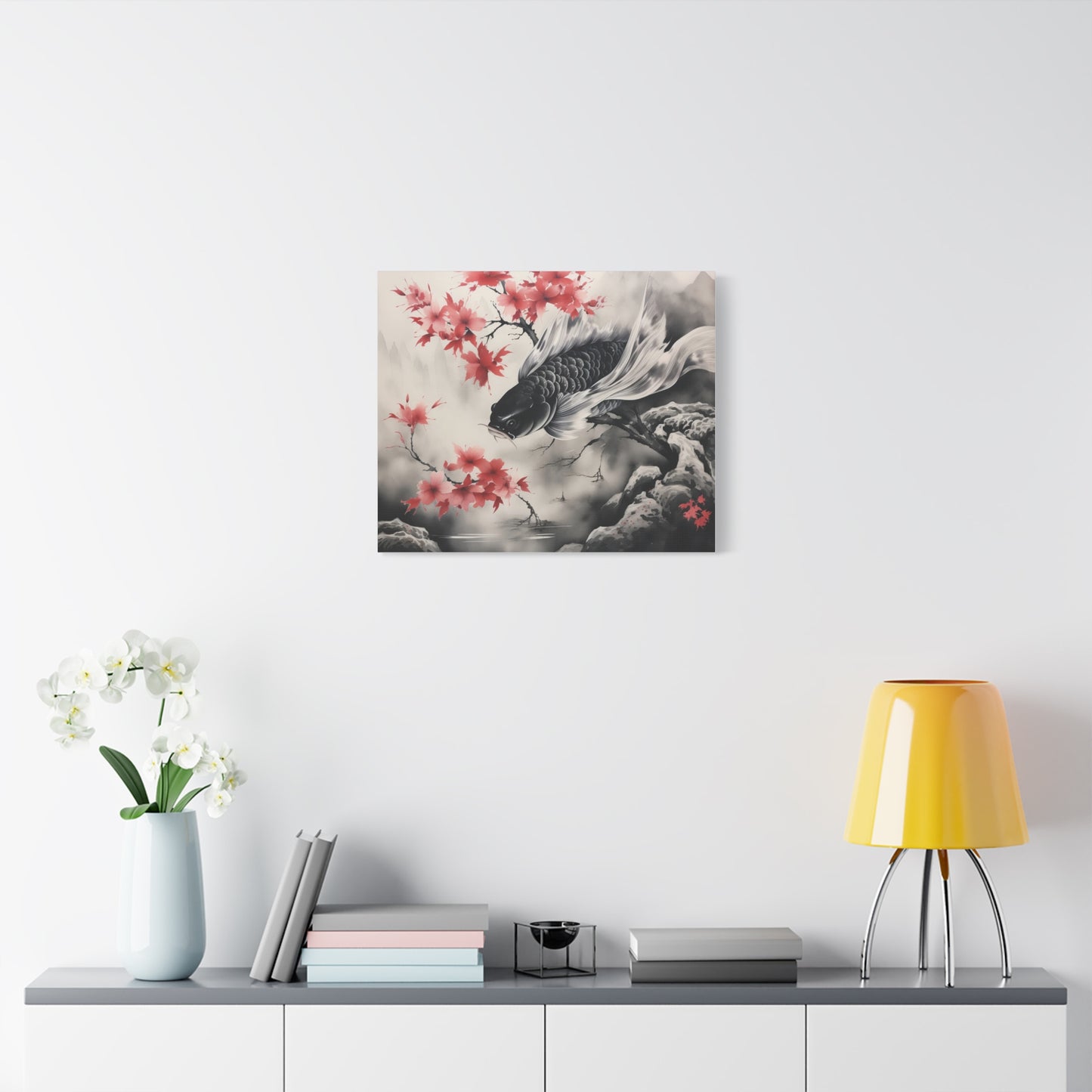 Koi Fish Artwork Canvas Wall Art Print - Elegant Decorative Wall Art with Cherry Blossoms