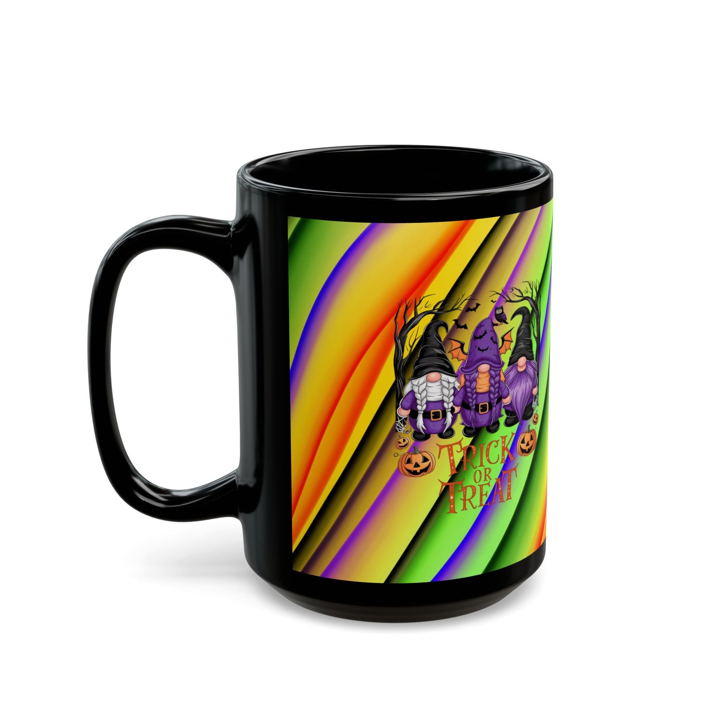 Halloween Theme Black Mug (11oz, 15oz), Cute Halloween Expression with Gnomes, Halloween Lovers, Gnome Lovers, Coffee, Tea, Hot Chocolate Lovers Gift Idea