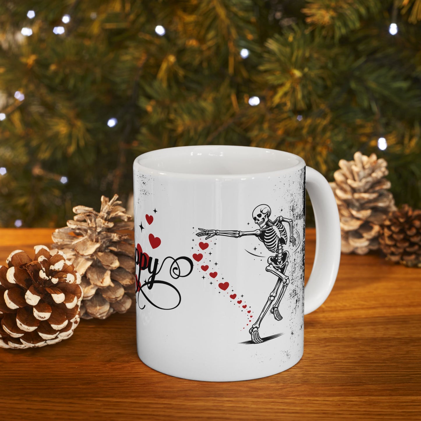 Mug — “So Happy Together” Romantic Skeleton Ceramic Coffee Mug with Hearts (11oz & 15oz)