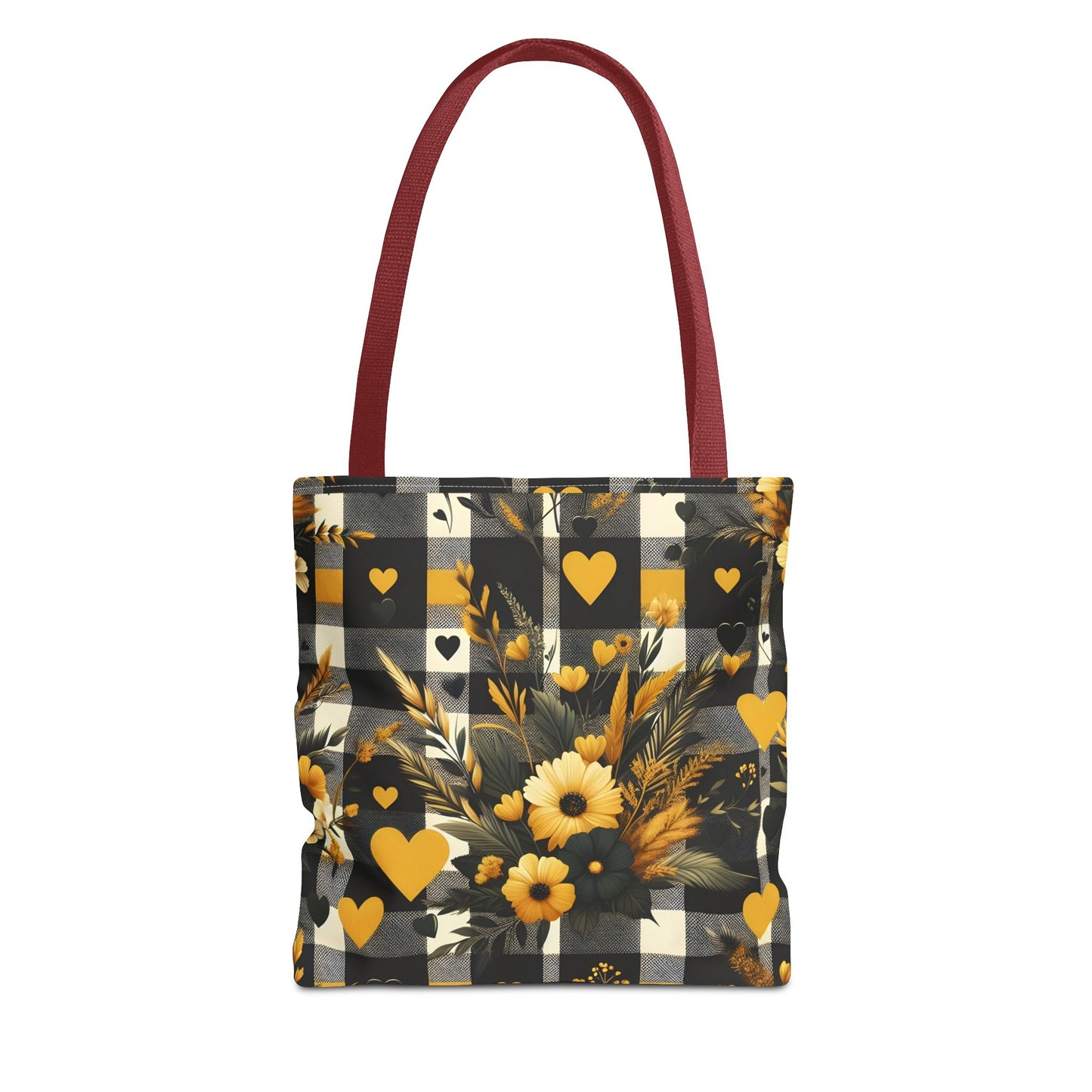 Stylish Yellow and Black Plaid Pattern with Floral and Hearts Tote Bag(AOP)