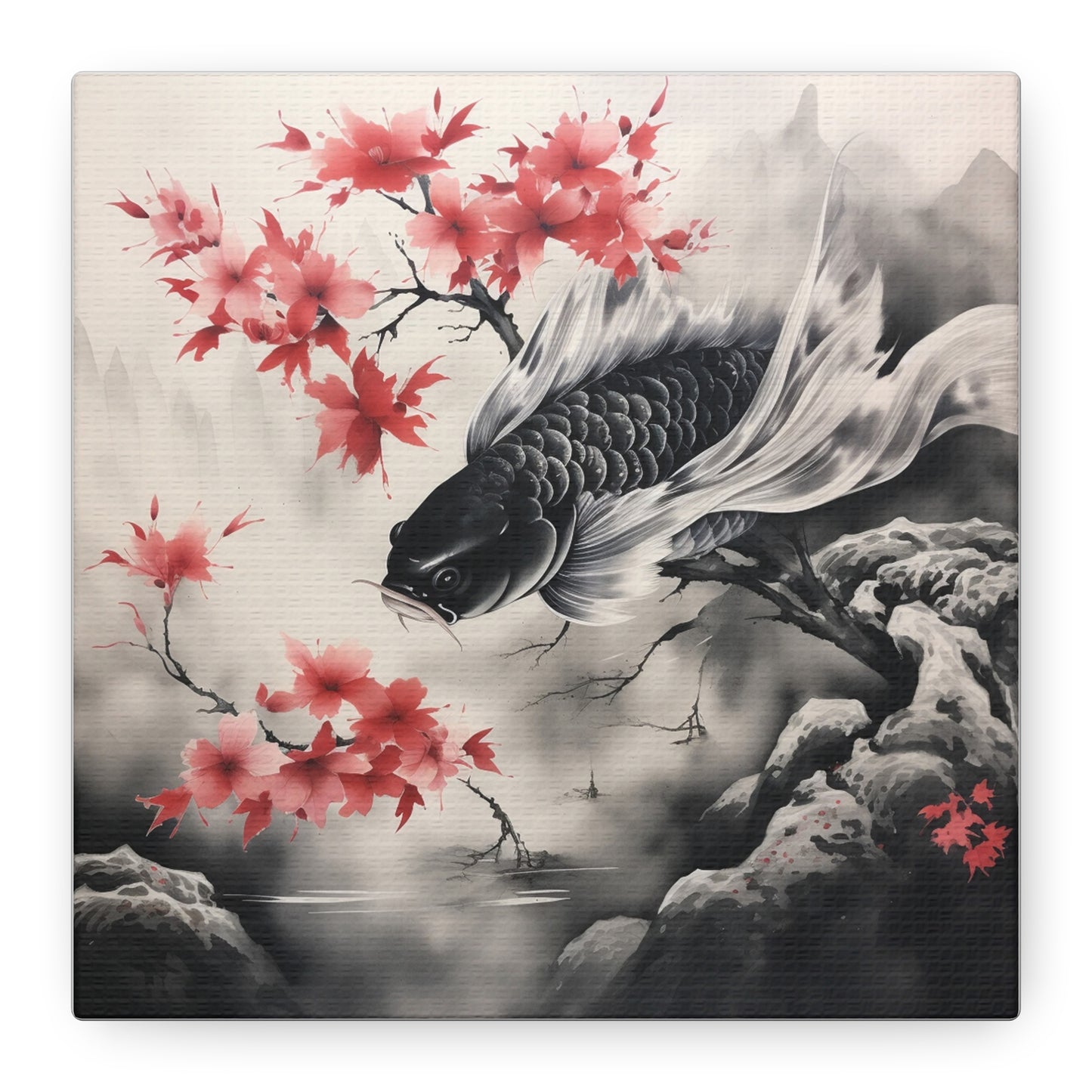 Koi Fish Artwork Canvas Wall Art Print - Elegant Decorative Wall Art with Cherry Blossoms