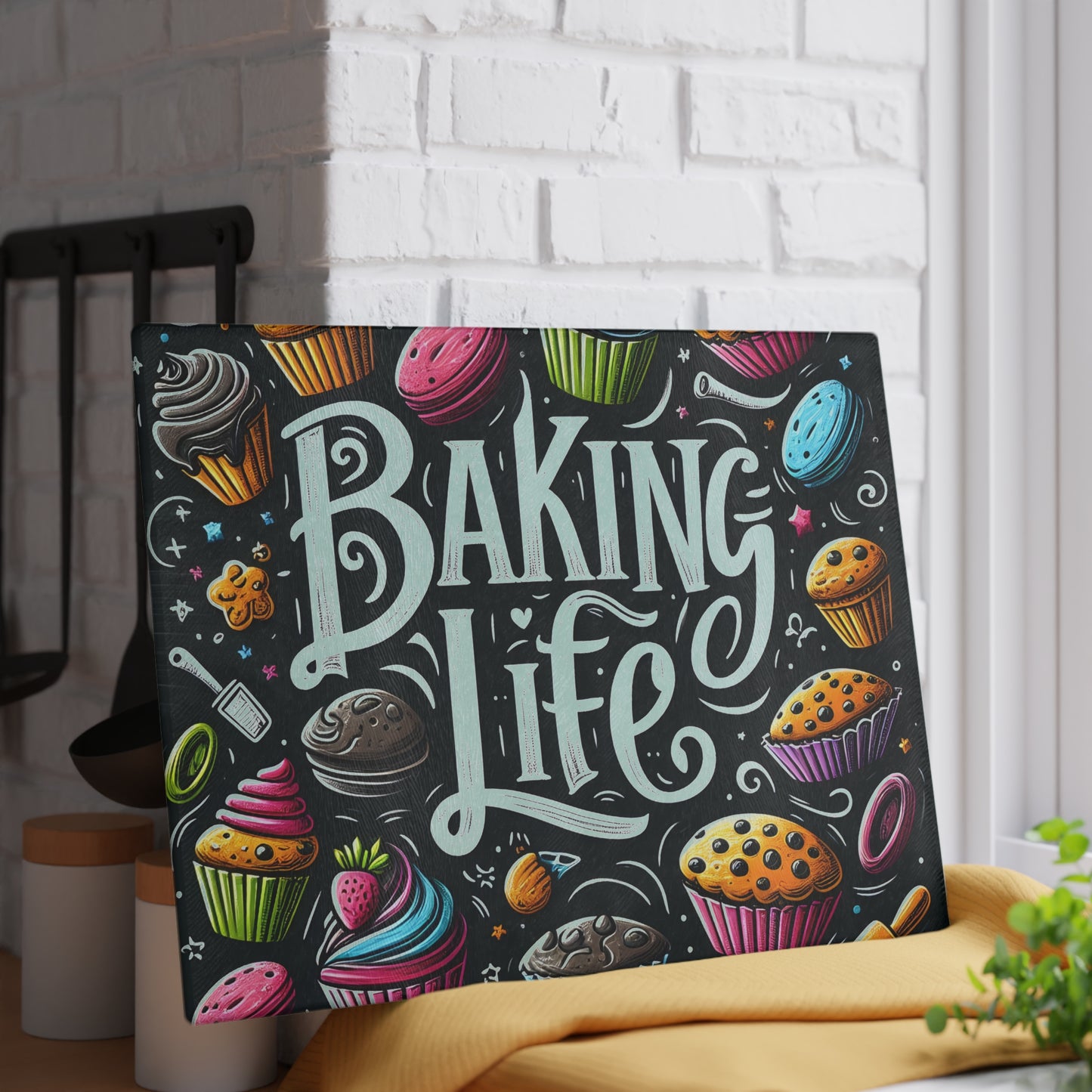 Baking Life Glass Cutting Board - Colorful Culinary Art for Baking Enthusiasts
