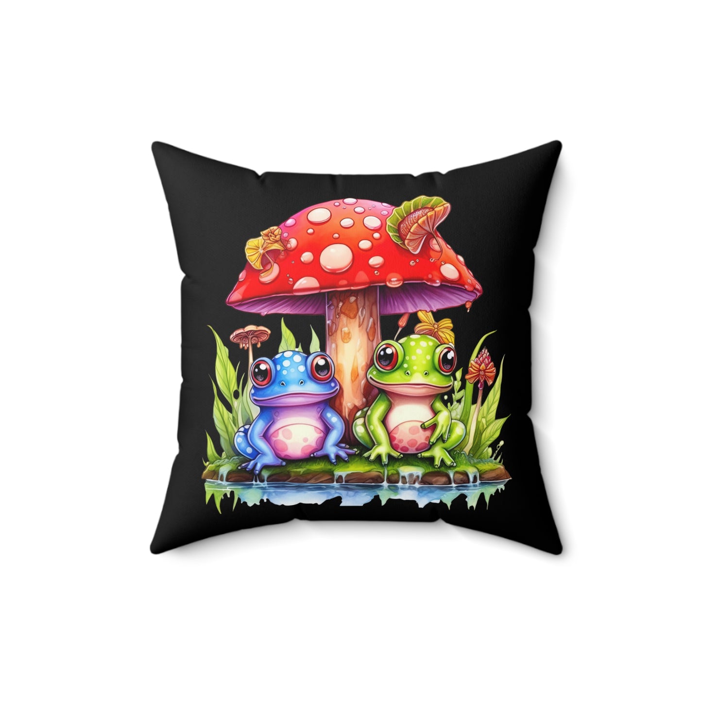 Decorative Spun Polyester Square Pillow, Mushroom with Frogs Decor for Home or Office, Great Gift Idea for Any Occasion for Anyone