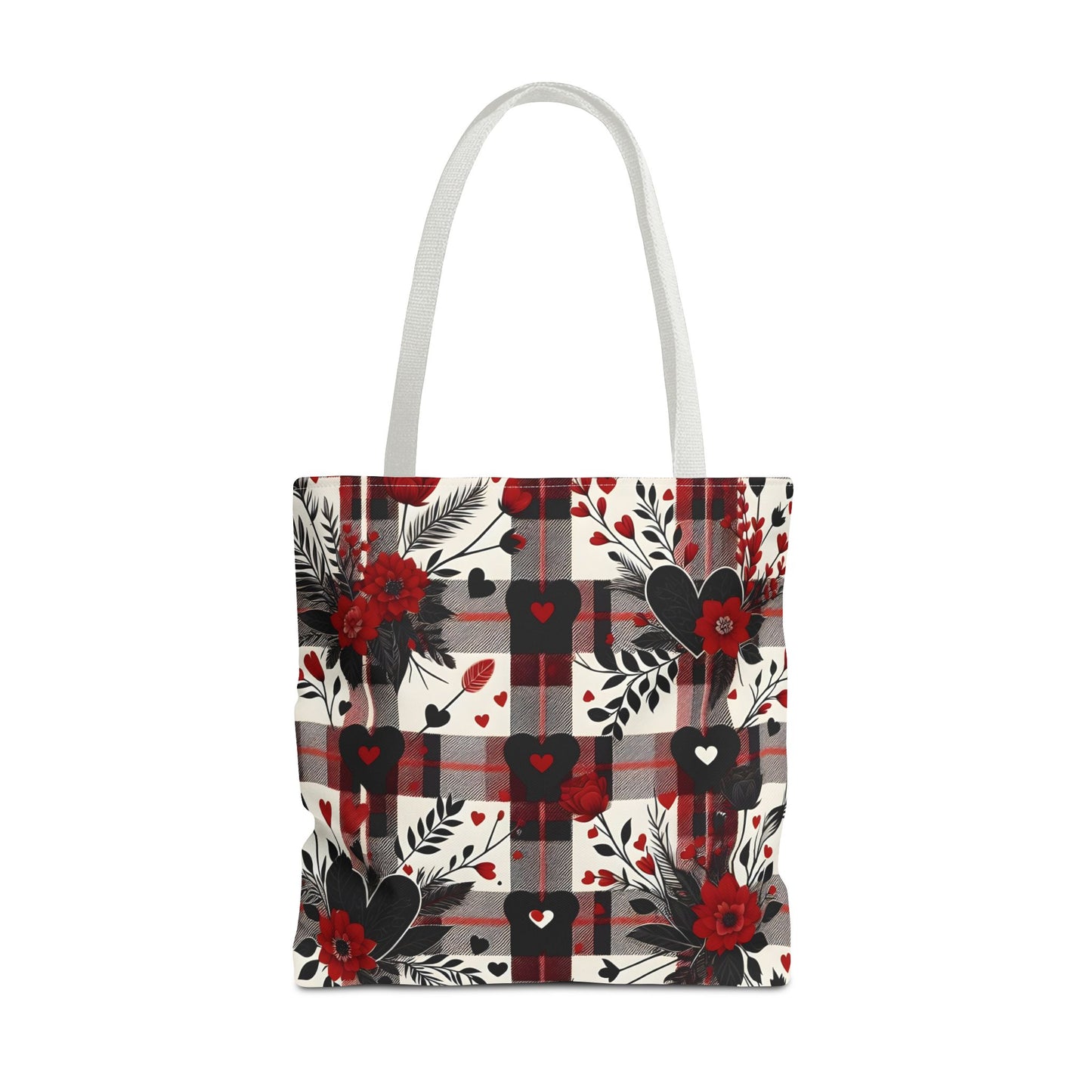 Fashionable Valentine Tote Bag (AOP) with Flowers and Hearts Plaid Design Pattern
