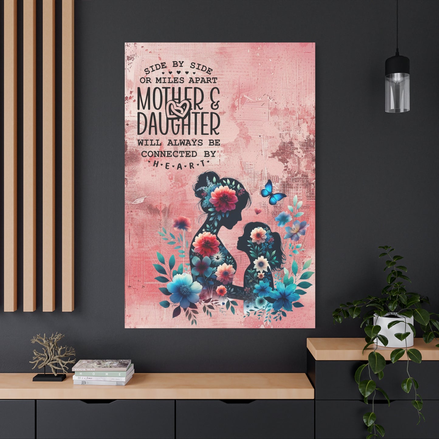 Mother-Daughter Love With Floral And Butterfly Canvas Wall Art Print