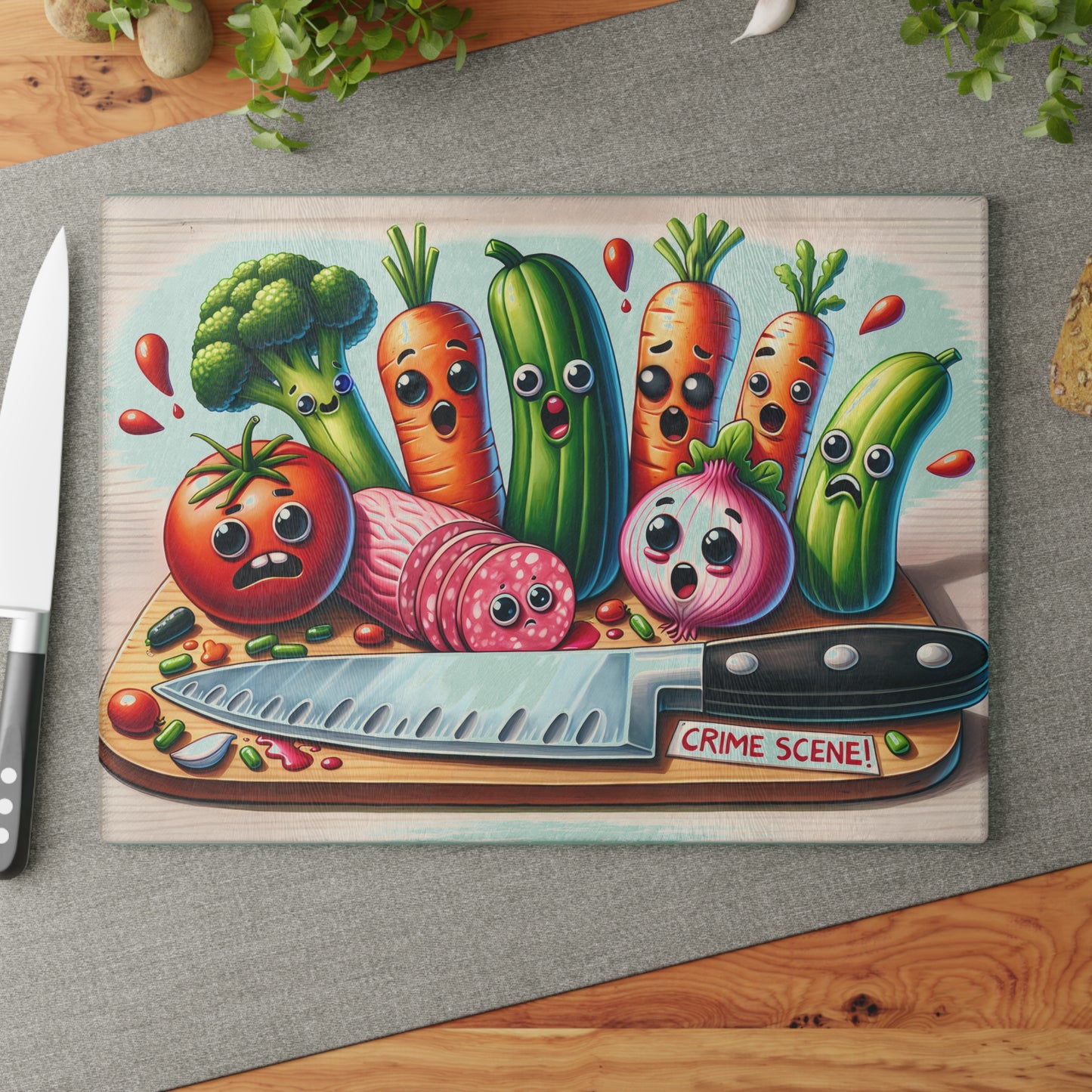 Whimsical Glass Cutting Board - ‘Crime Scene’ Vegetable Design for Fun Cooking