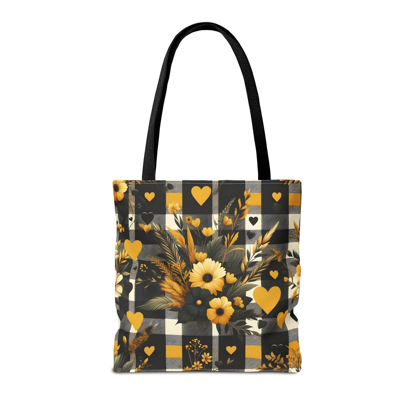 Stylish Yellow and Black Plaid Pattern with Floral and Hearts Tote Bag(AOP)