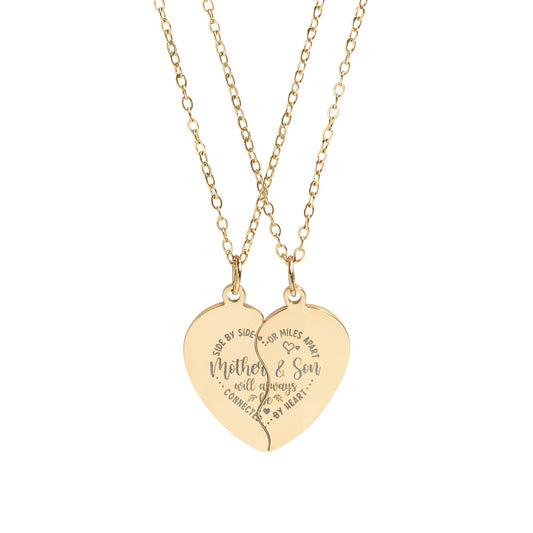 Mother & Son Heart Split Pendant Necklace Set | Engravable | 18K Gold & Stainless Steel