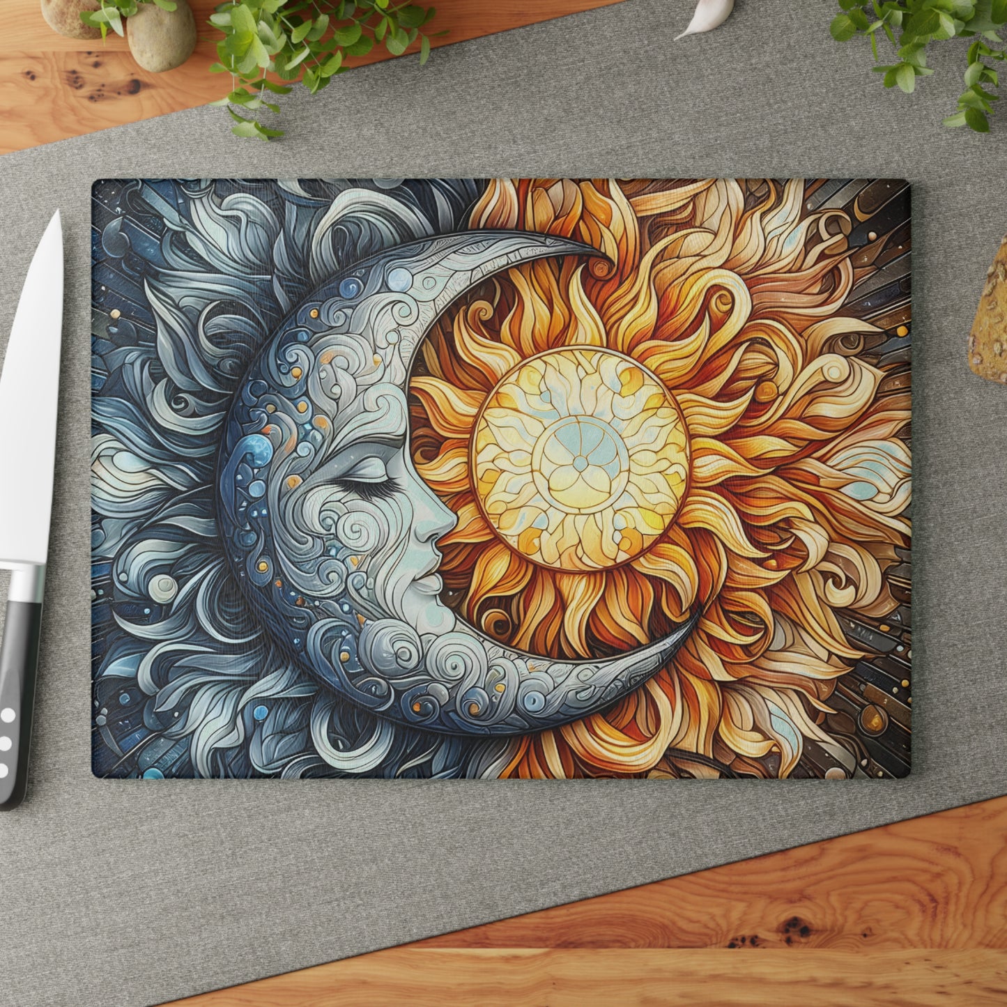 Sun and Moon Design Glass Cutting Board - Decorative Kitchen Art
