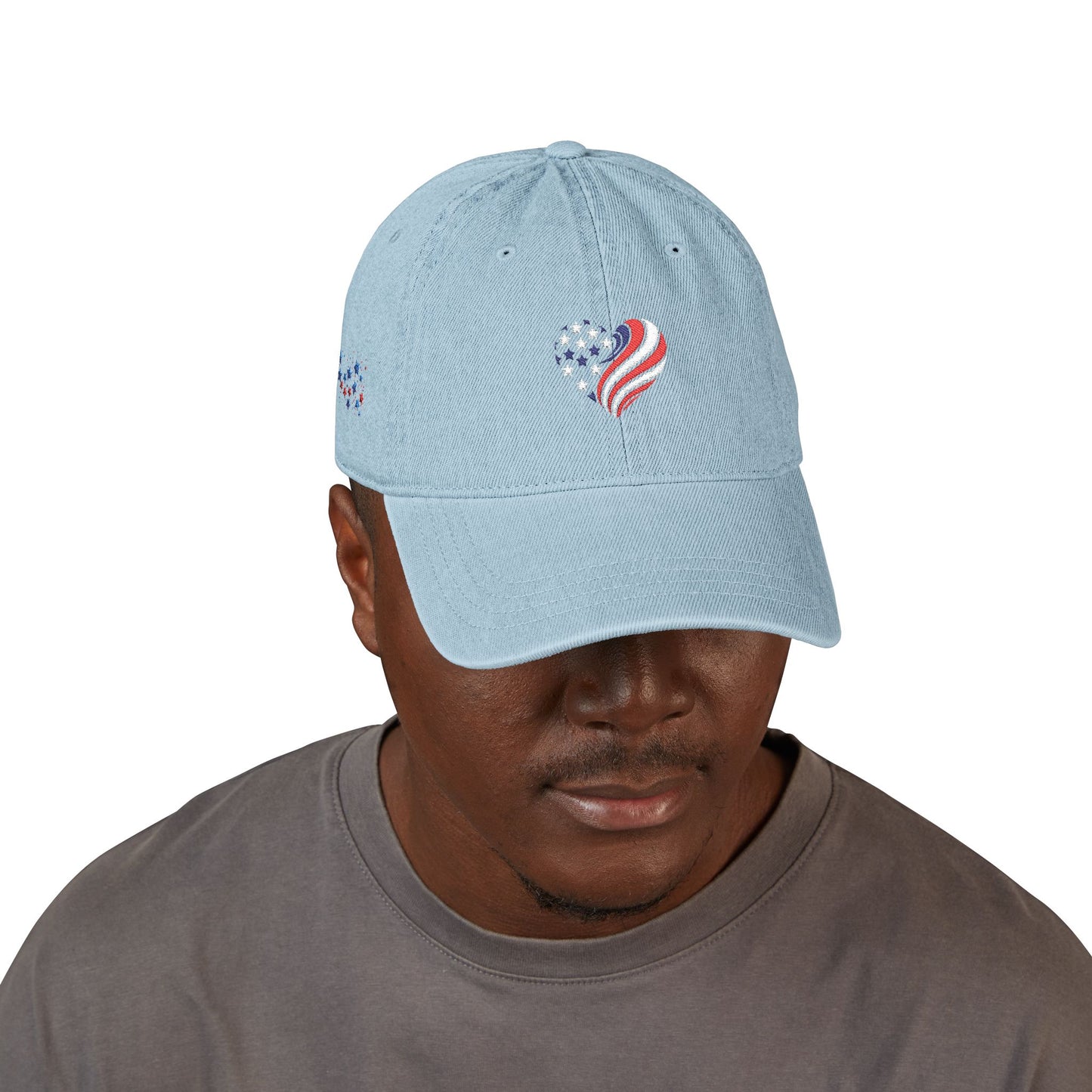 Patriotic Embroidered Denim Hat - USA Heart & Butterfly Design