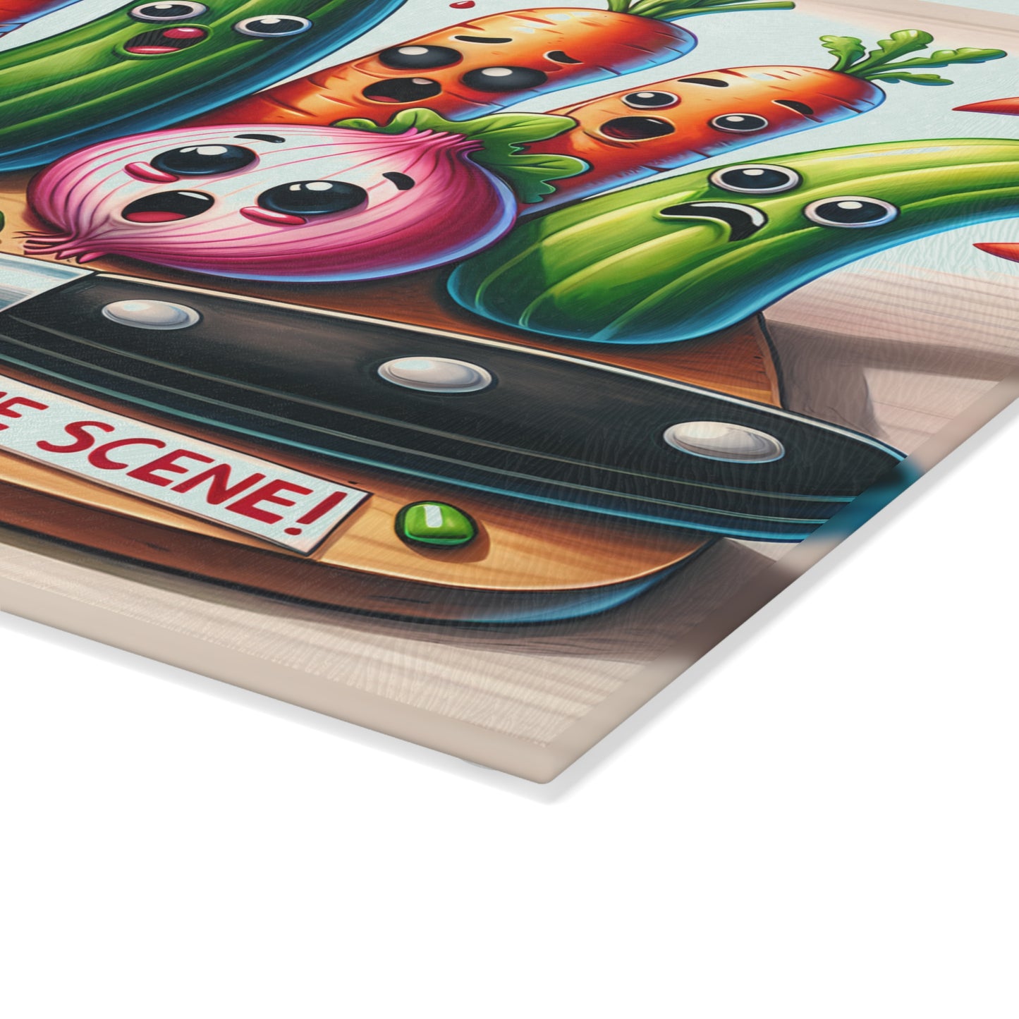 Whimsical Glass Cutting Board - ‘Crime Scene’ Vegetable Design for Fun Cooking