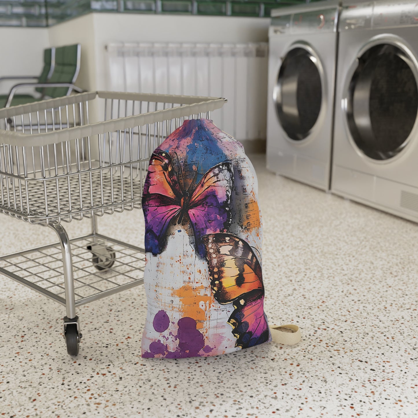 Butterfly Watercolor Laundry Bag — Colorful Drawstring Wash Bag for Travel & Dorm