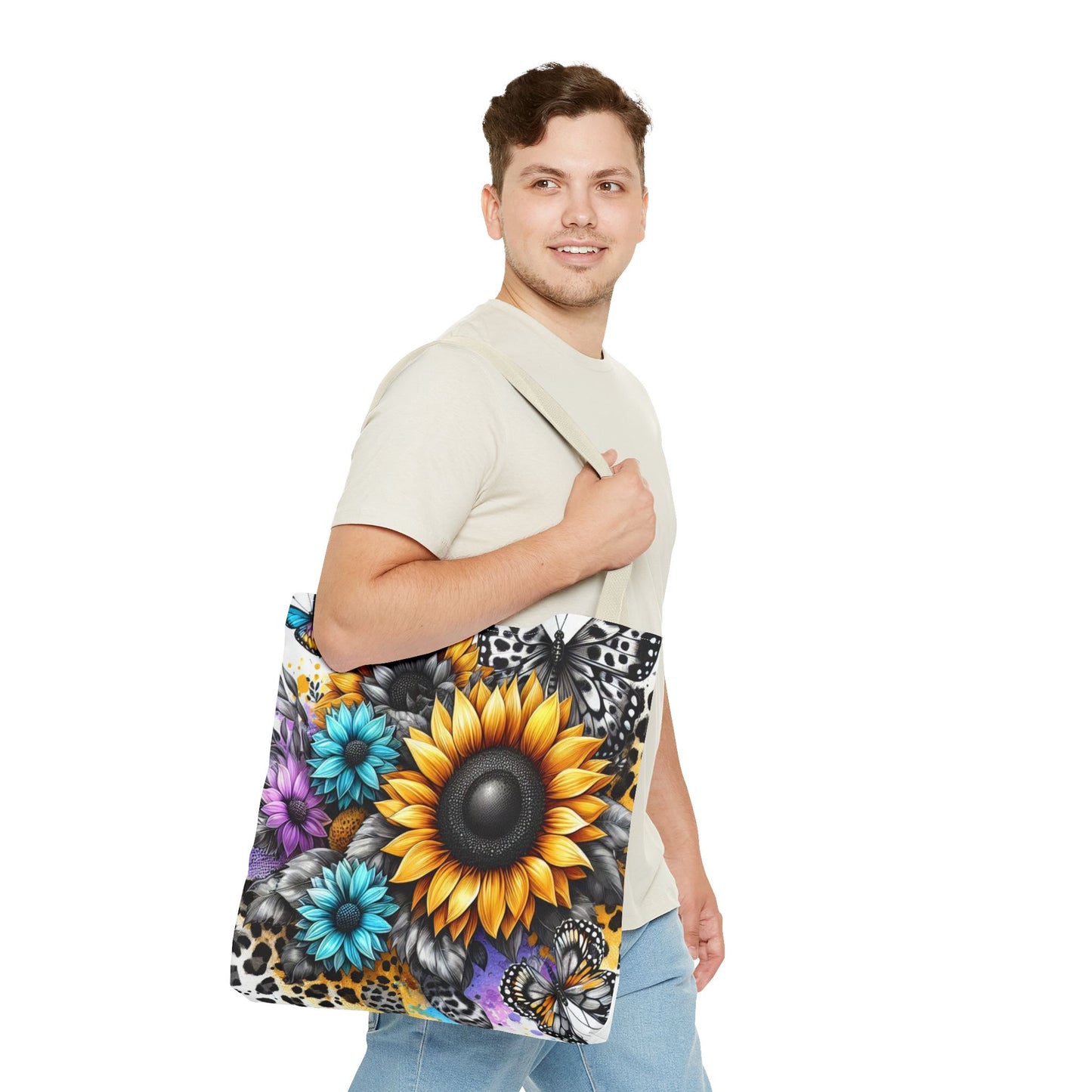 Sunflower & Butterfly Tote Bag — Colorful Floral All-Over Print