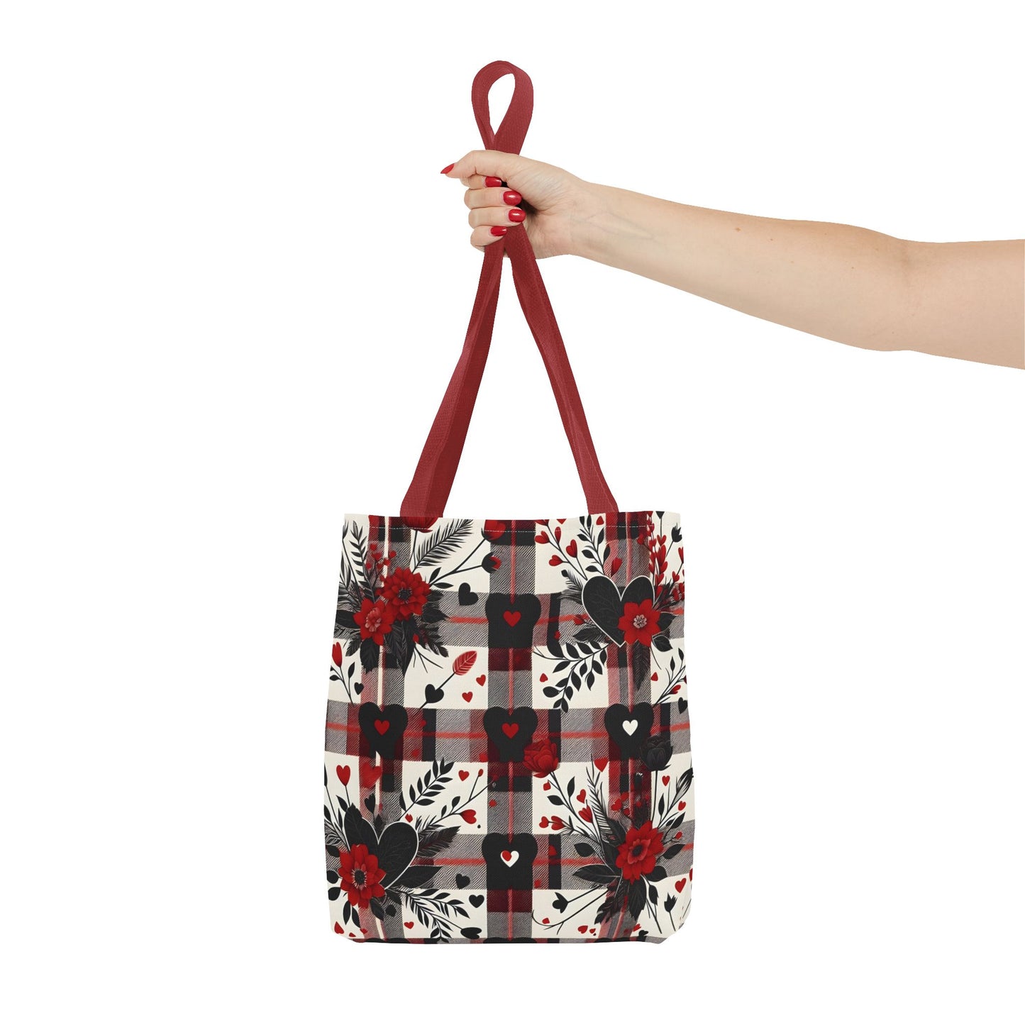 Fashionable Valentine Tote Bag (AOP) with Flowers and Hearts Plaid Design Pattern