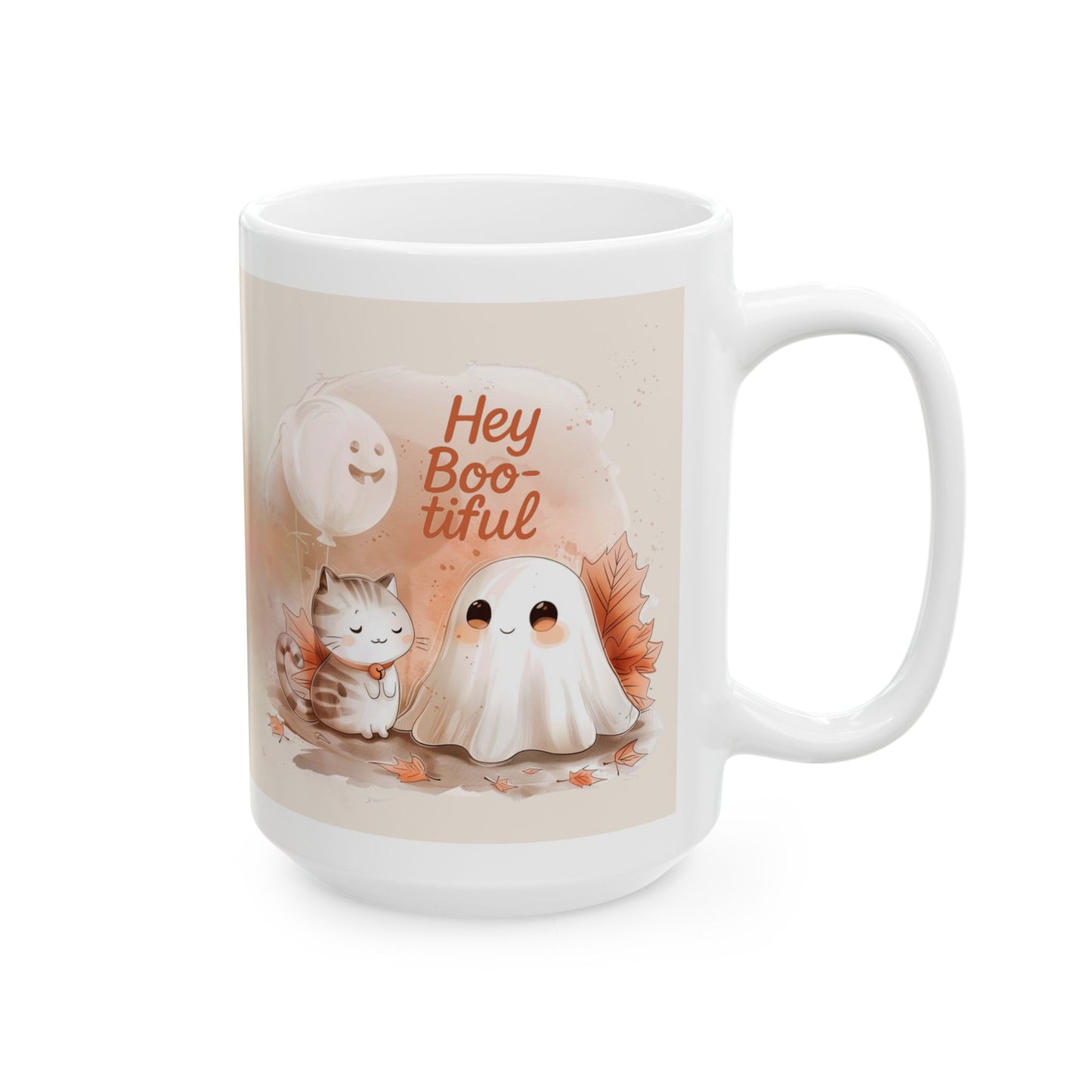 Autumn Hey Boo-tiful Ghost Ceramic Mug, Cozy Fall Mug, Cute Ghost Coffee Cup, Gift for Ghose Lovers, Halloween Decor, Thanksgiving Coffee Mug