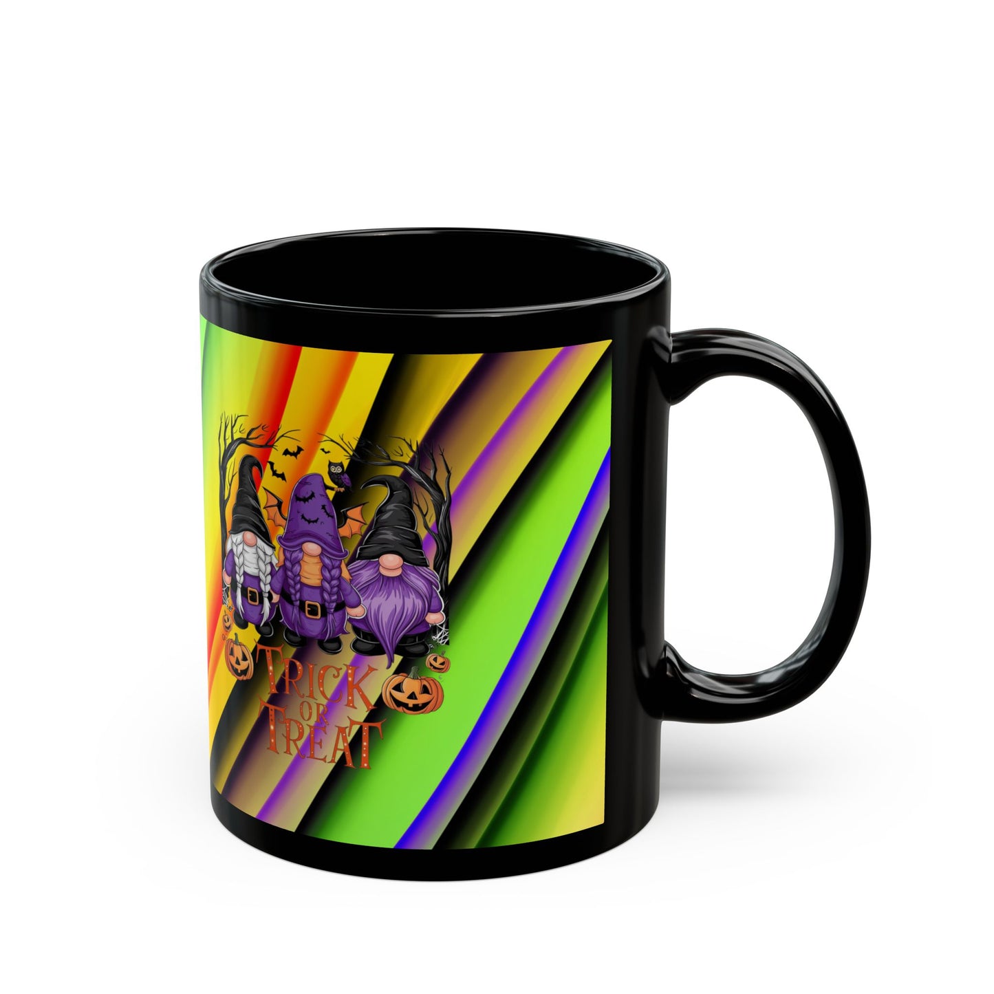 Halloween Theme Black Mug (11oz, 15oz), Cute Halloween Expression with Gnomes, Halloween Lovers, Gnome Lovers, Coffee, Tea, Hot Chocolate Lovers Gift Idea