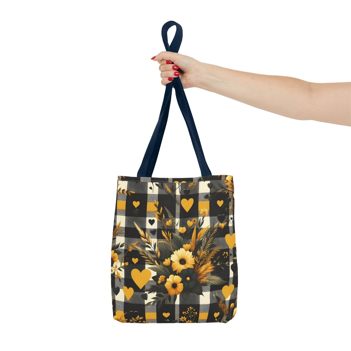 Stylish Yellow and Black Plaid Pattern with Floral and Hearts Tote Bag(AOP)