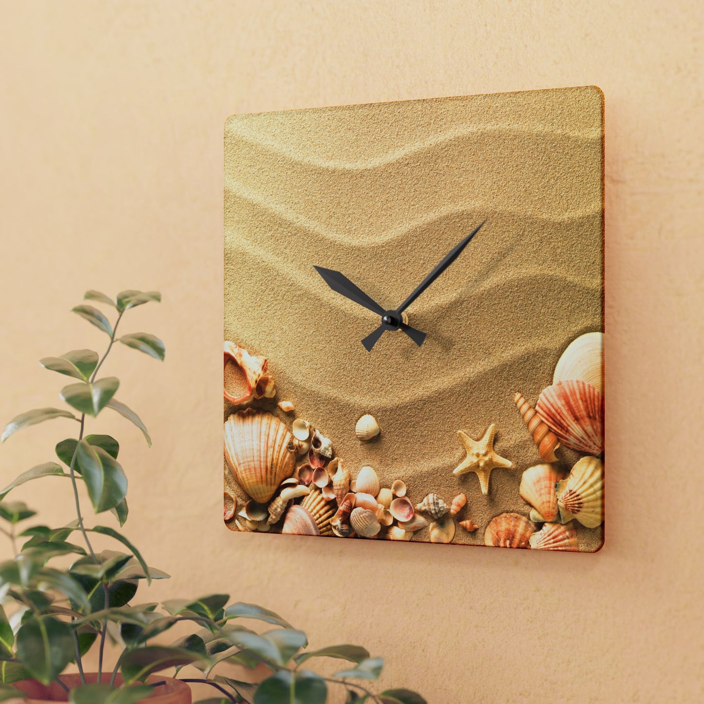 Sand With Sea Shells Acrylic Wall Clock, Beach Lovers, Great Gift Idea for Housewarming, or Any Occasion, Beautiful Wall Decor for Home or Office