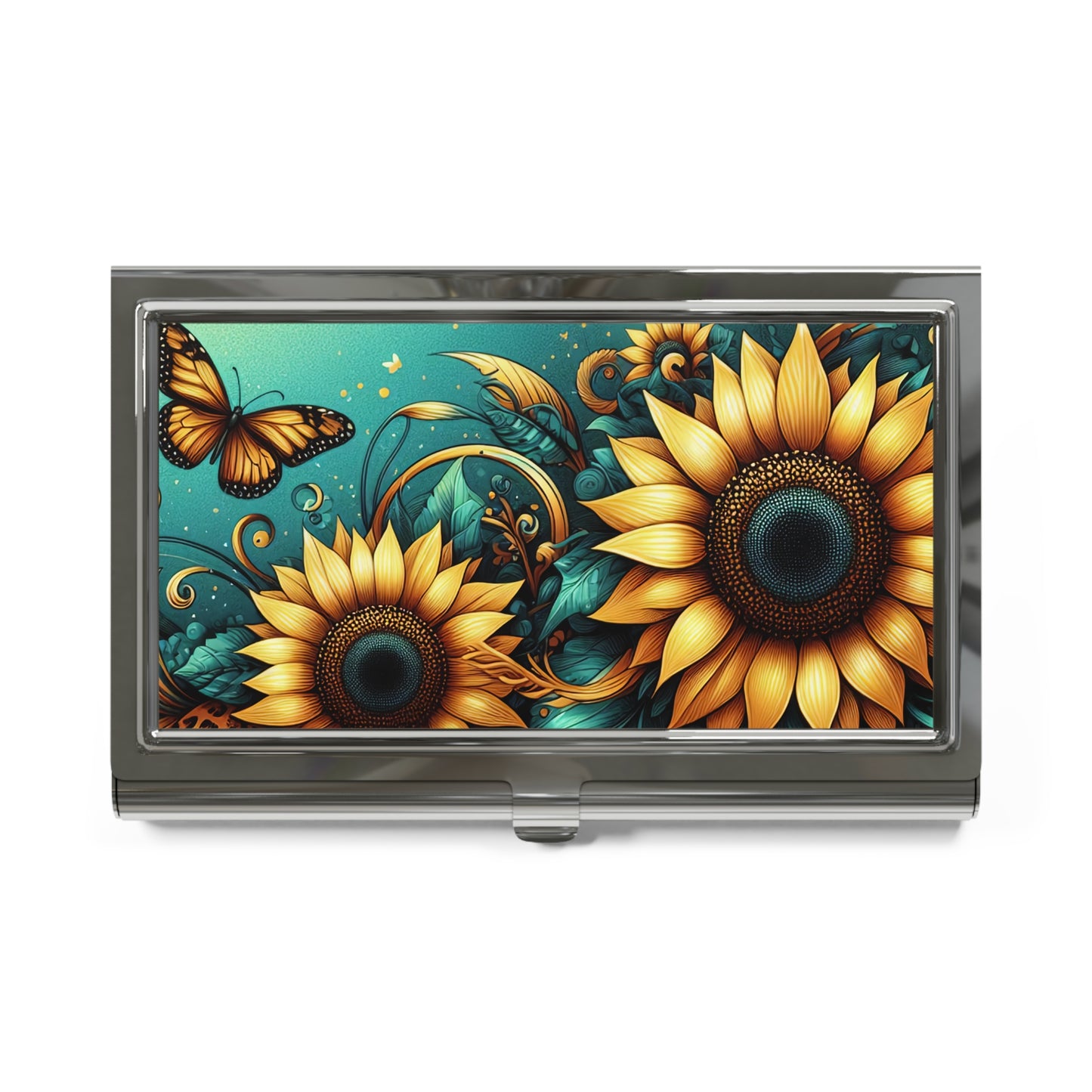Sunflower & Butterfly Metal Business Card Holder — Floral Professional Card Case