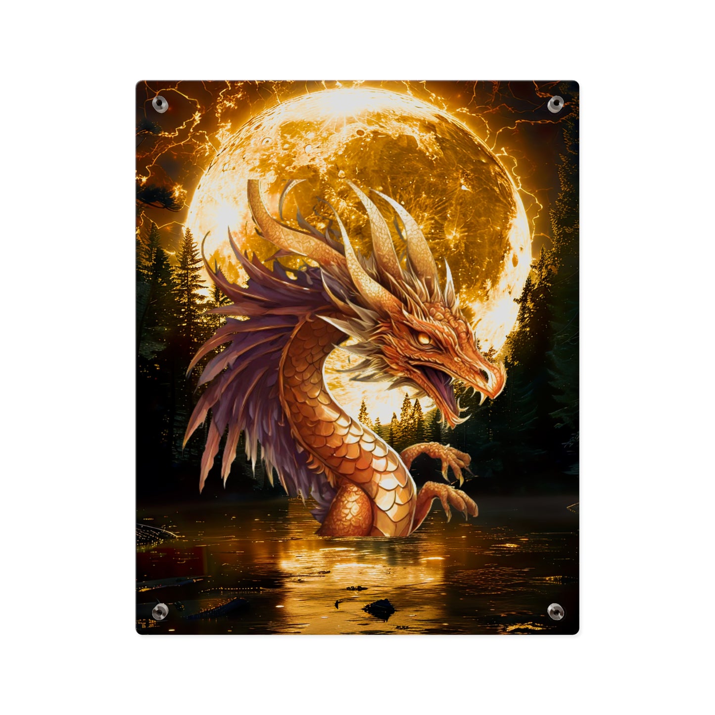 Gothic Theme Acrylic Wall Art Panel, Purple Dragon with Moon Background, Dragon Lovers, For Anyone, Accent for Any Room