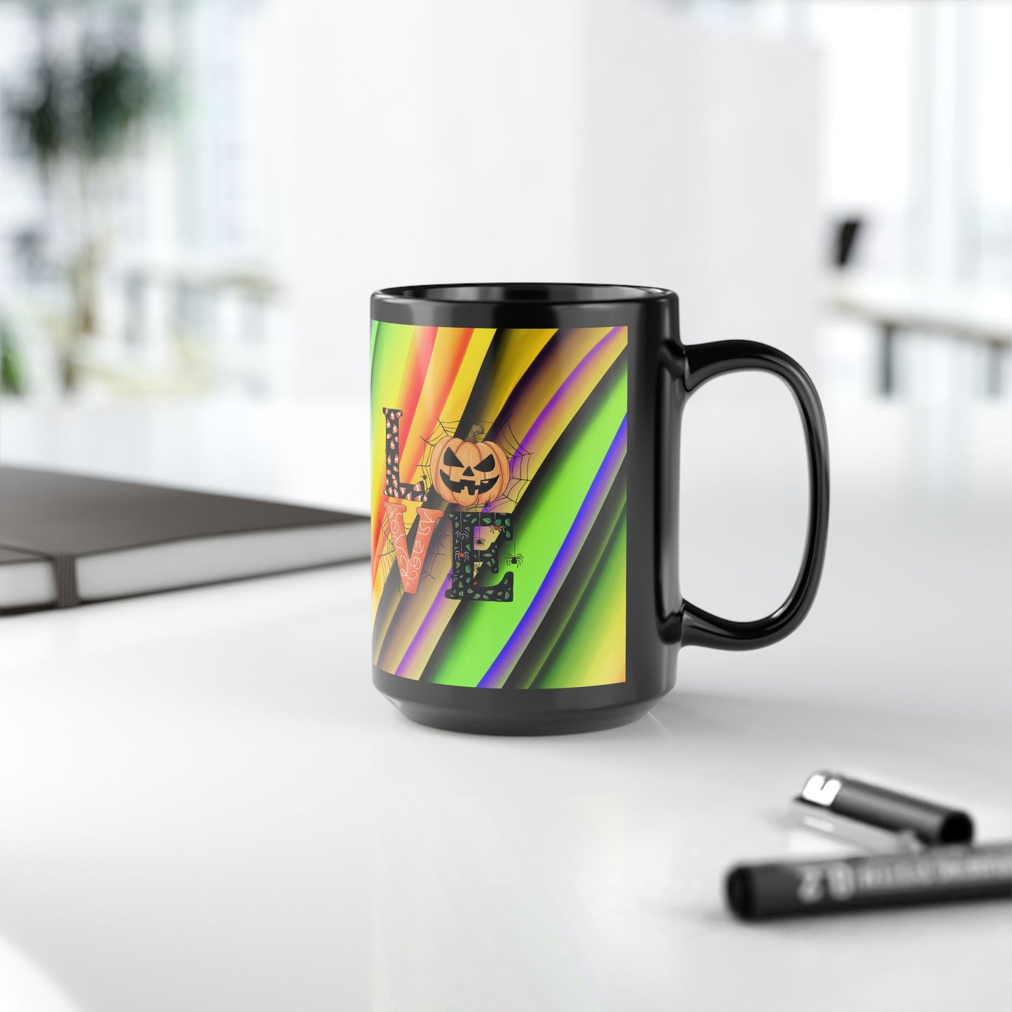 Halloween Theme Black Mug (11oz, 15oz), Cute Halloween Expression, Halloween Lovers, Coffee, Tea, Hot Chocolate Lovers, Great Gift Idea for Anyone