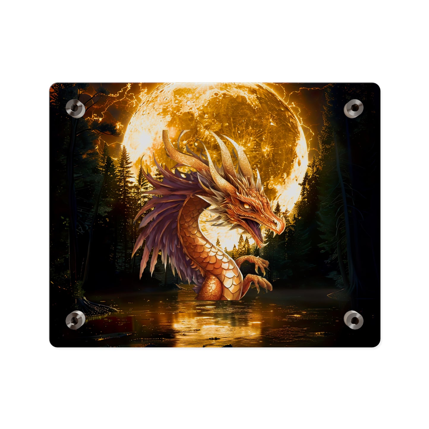 Gothic Theme Acrylic Wall Art Panel, Purple Dragon with Moon Background, Dragon Lovers, For Anyone, Accent for Any Room