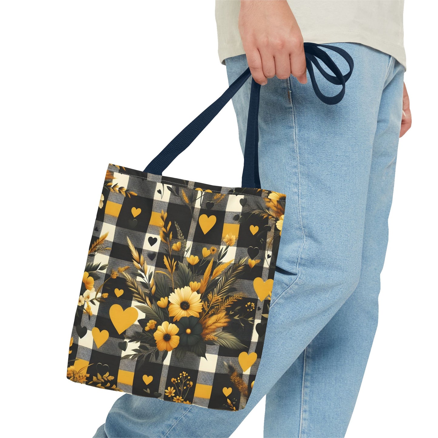 Stylish Yellow and Black Plaid Pattern with Floral and Hearts Tote Bag(AOP)