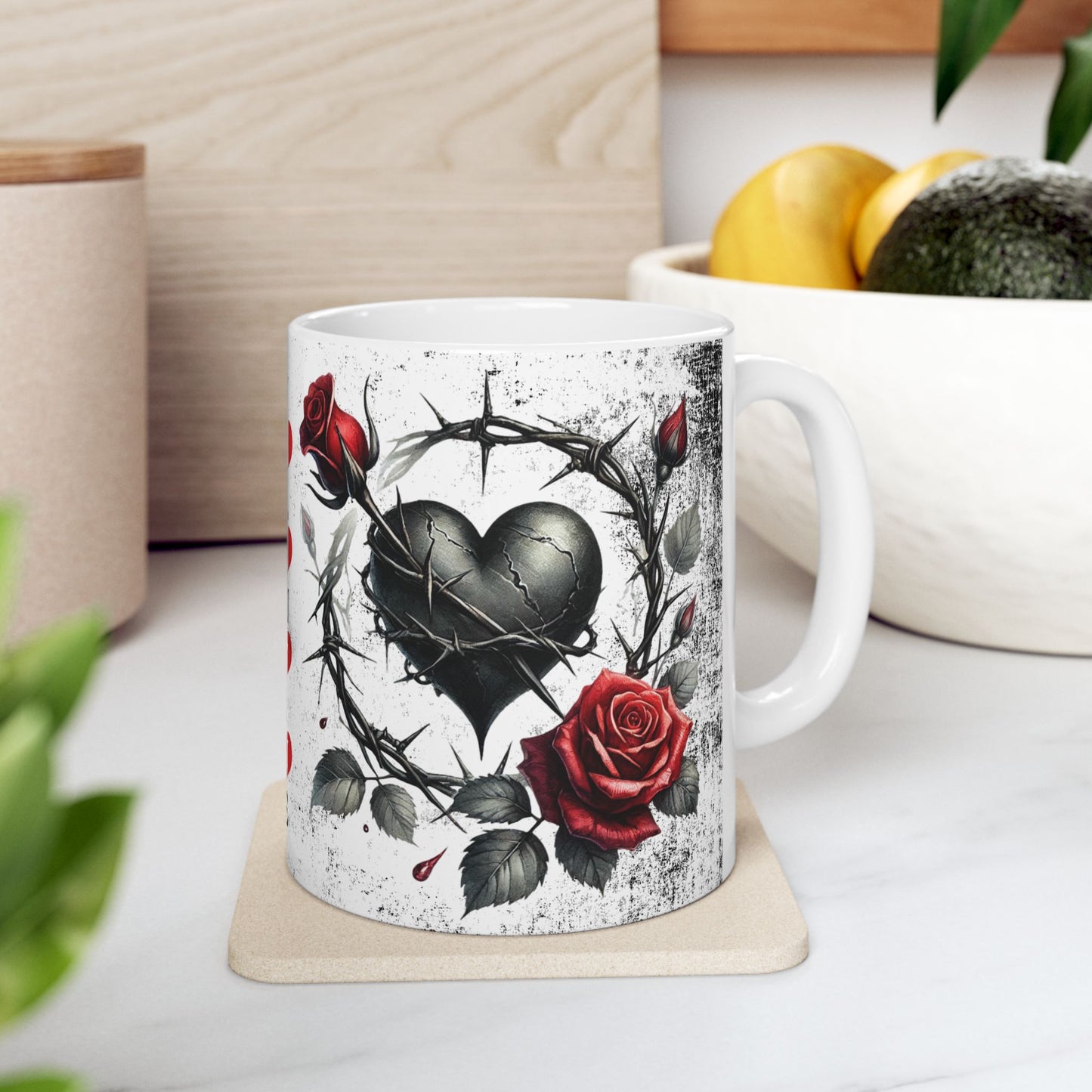 Valentine Ceramic Mug - "Will You Be My Valentine" Gothic Red Rose & Thorn Design with 'Valentine' Hearts (11oz/15oz)