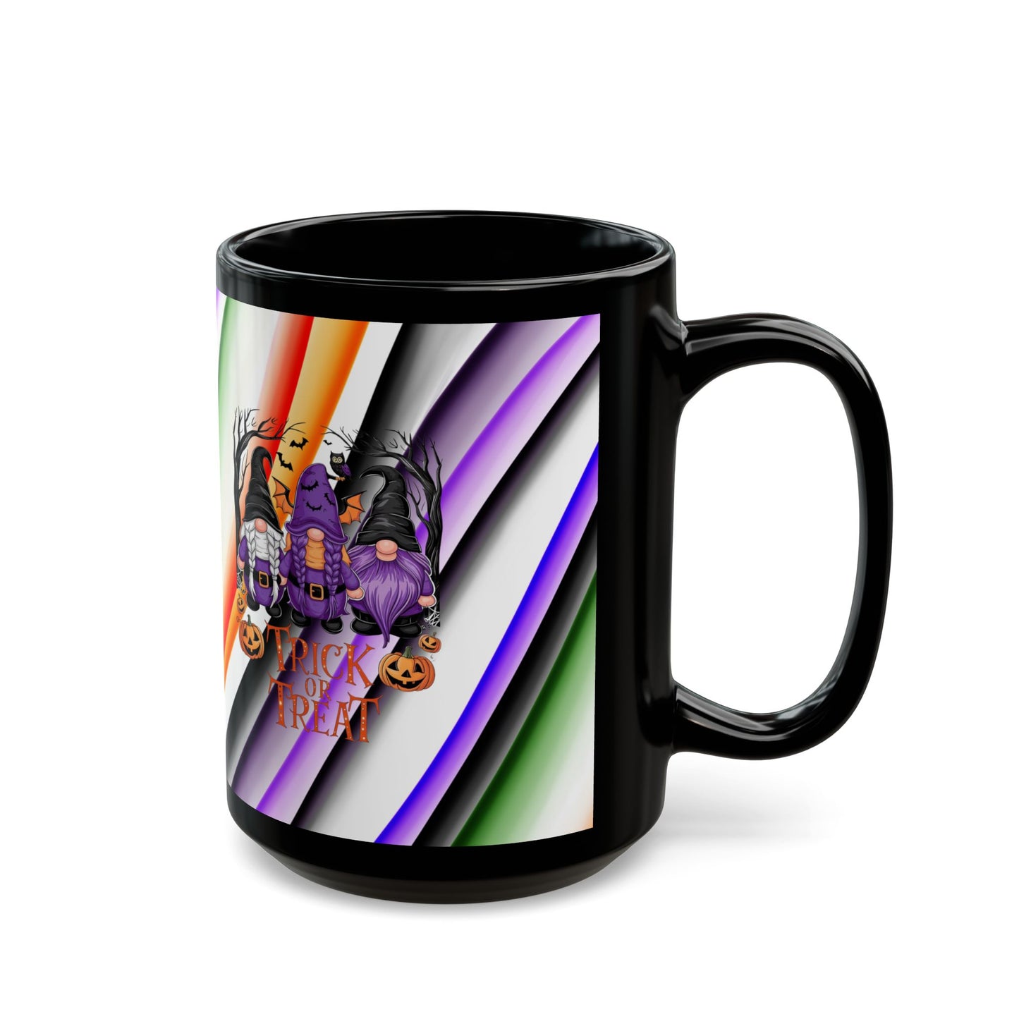 Halloween Theme Black Mug (11oz, 15oz), Cute Halloween Expression with Gnomes, Halloween Lovers, Gnome Lovers, Coffee, Tea, Hot Chocolate Lovers Gift Idea