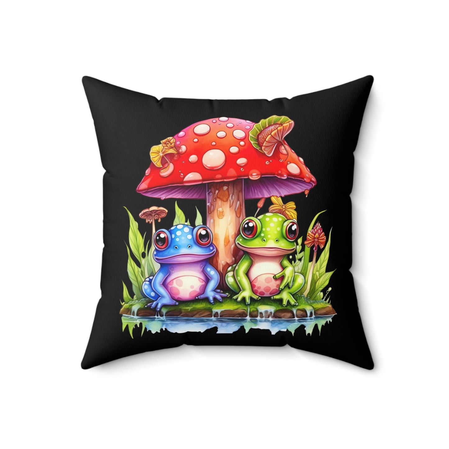 Decorative Spun Polyester Square Pillow, Mushroom with Frogs Decor for Home or Office, Great Gift Idea for Any Occasion for Anyone