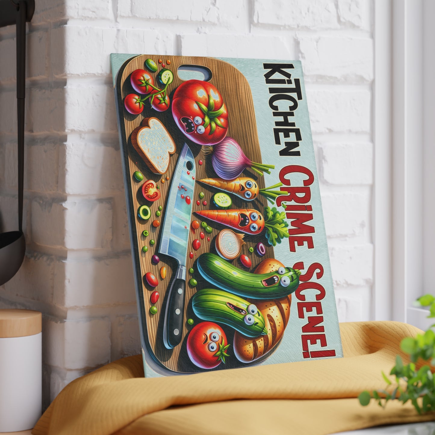 Whimsical Kitchen Crime Scene Glass Cutting Board - Fun Cooking Gift for Chefs & Foodies