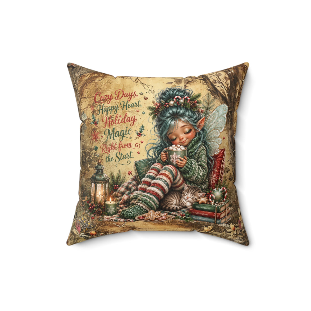 Holiday Elf Pillow — 'Cozy Days, Happy Heart, Holiday Magic' Faux Suede Holiday Throw Pillow