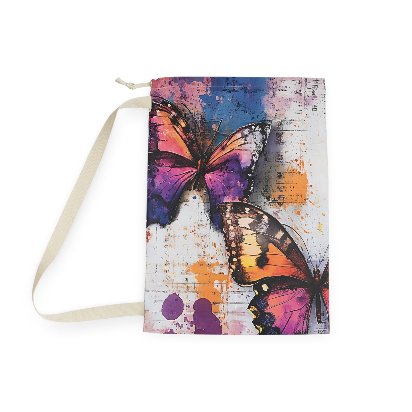 Butterfly Watercolor Laundry Bag — Colorful Drawstring Wash Bag for Travel & Dorm
