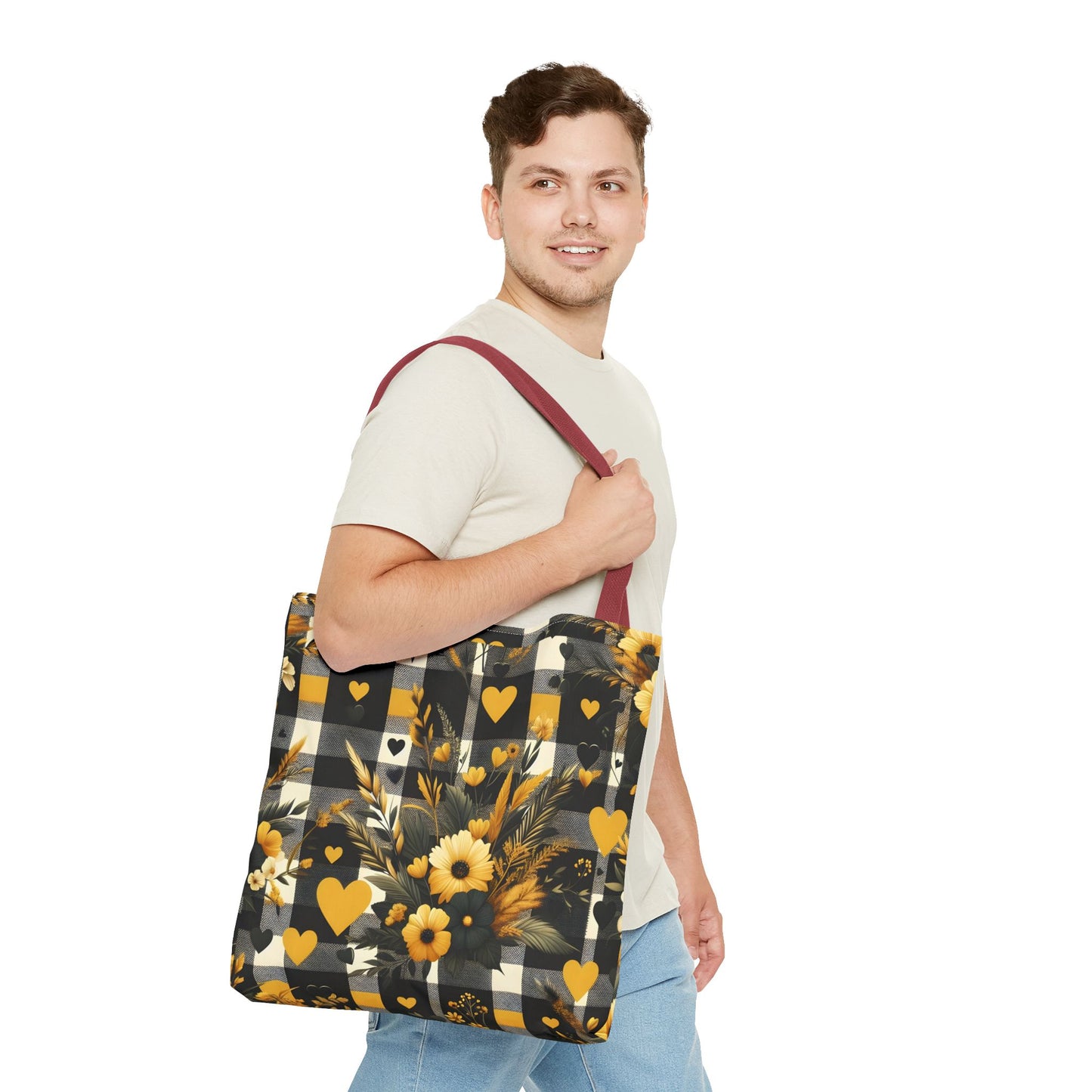 Stylish Yellow and Black Plaid Pattern with Floral and Hearts Tote Bag(AOP)