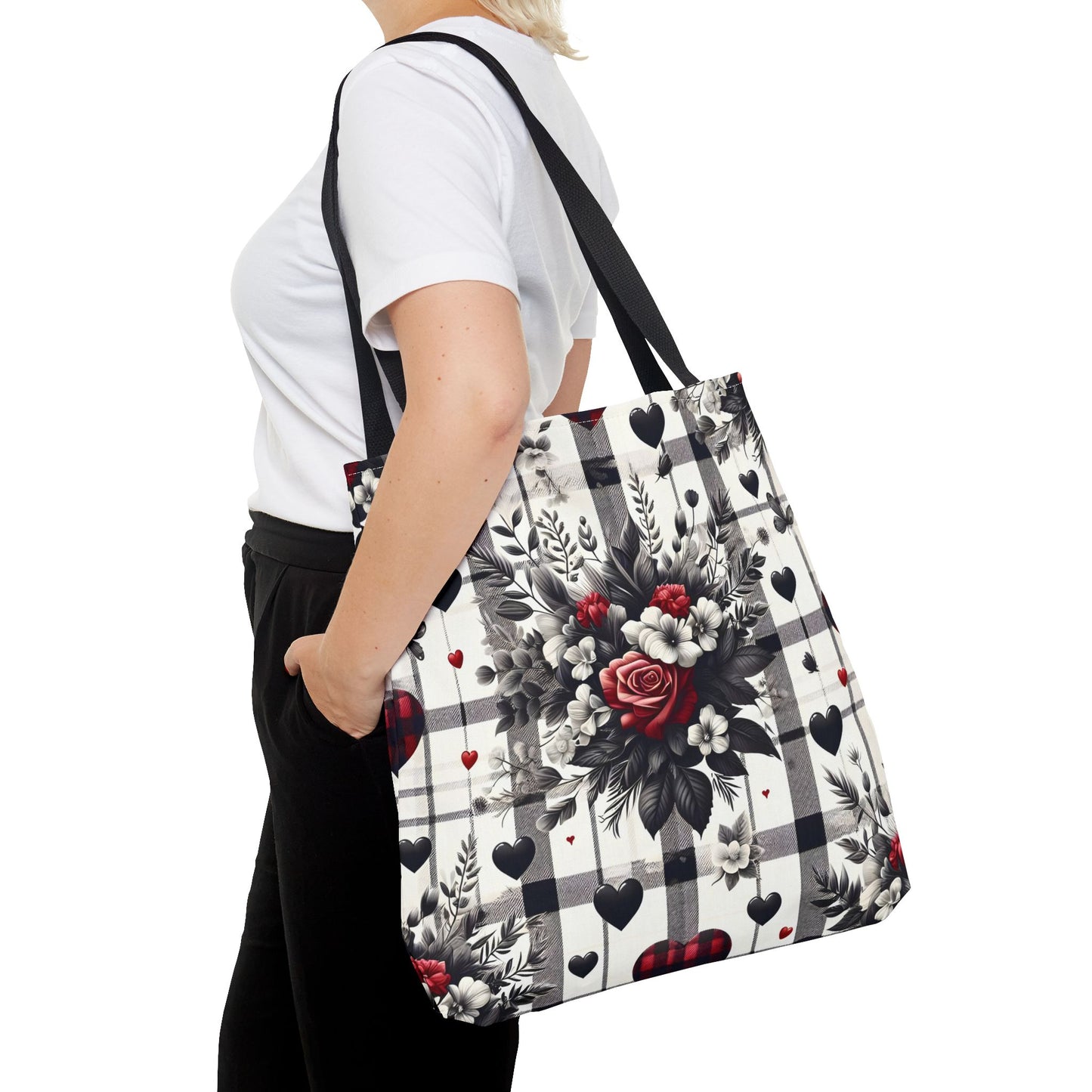 Stylish Valentine Plaid Flower Heart Tote Bag