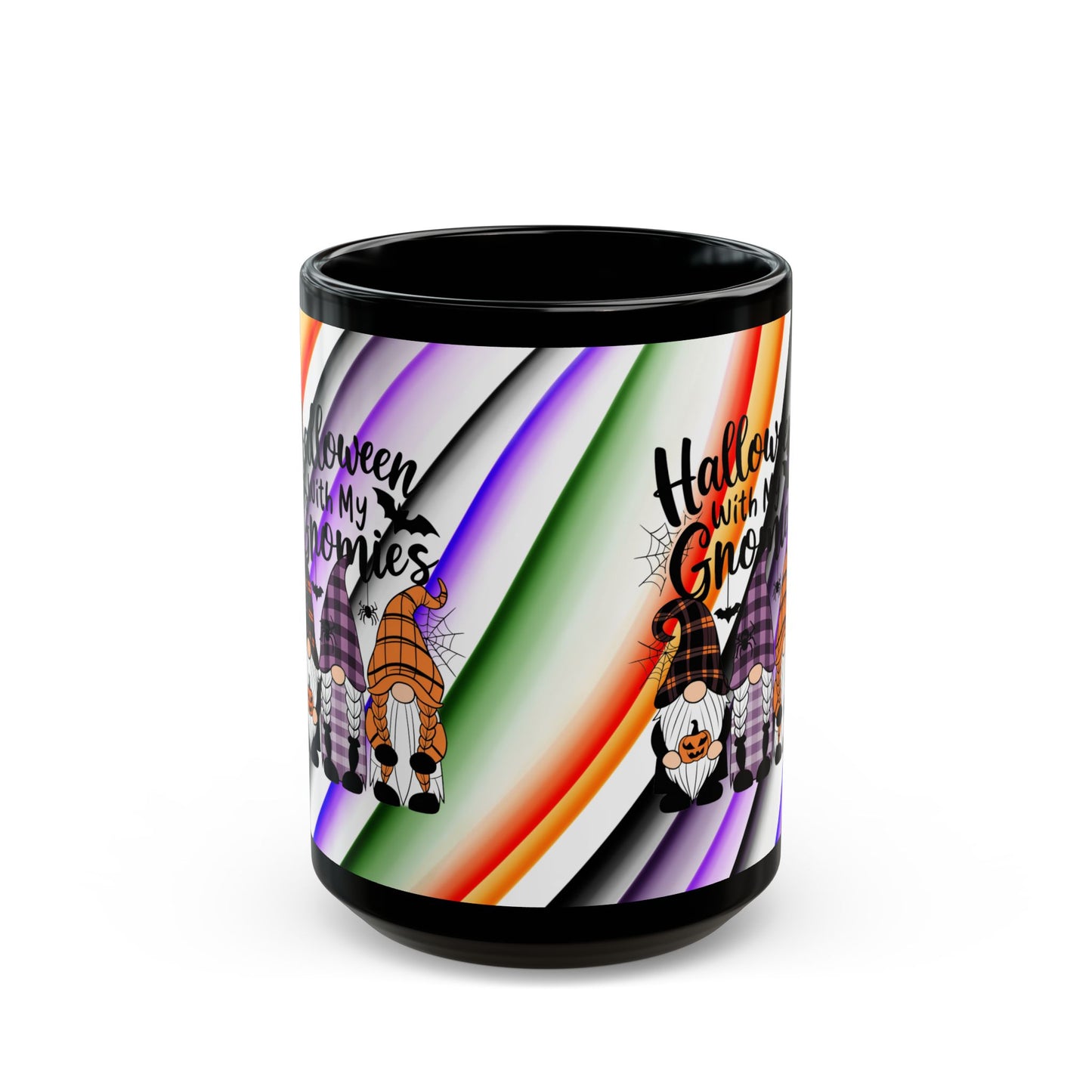 Halloween Theme Black Mug (11oz, 15oz), Cute Halloween Expression, Halloween Lovers, Gnome Lovers, Coffee, Tea, Hot Chocolate Lovers Gift Idea