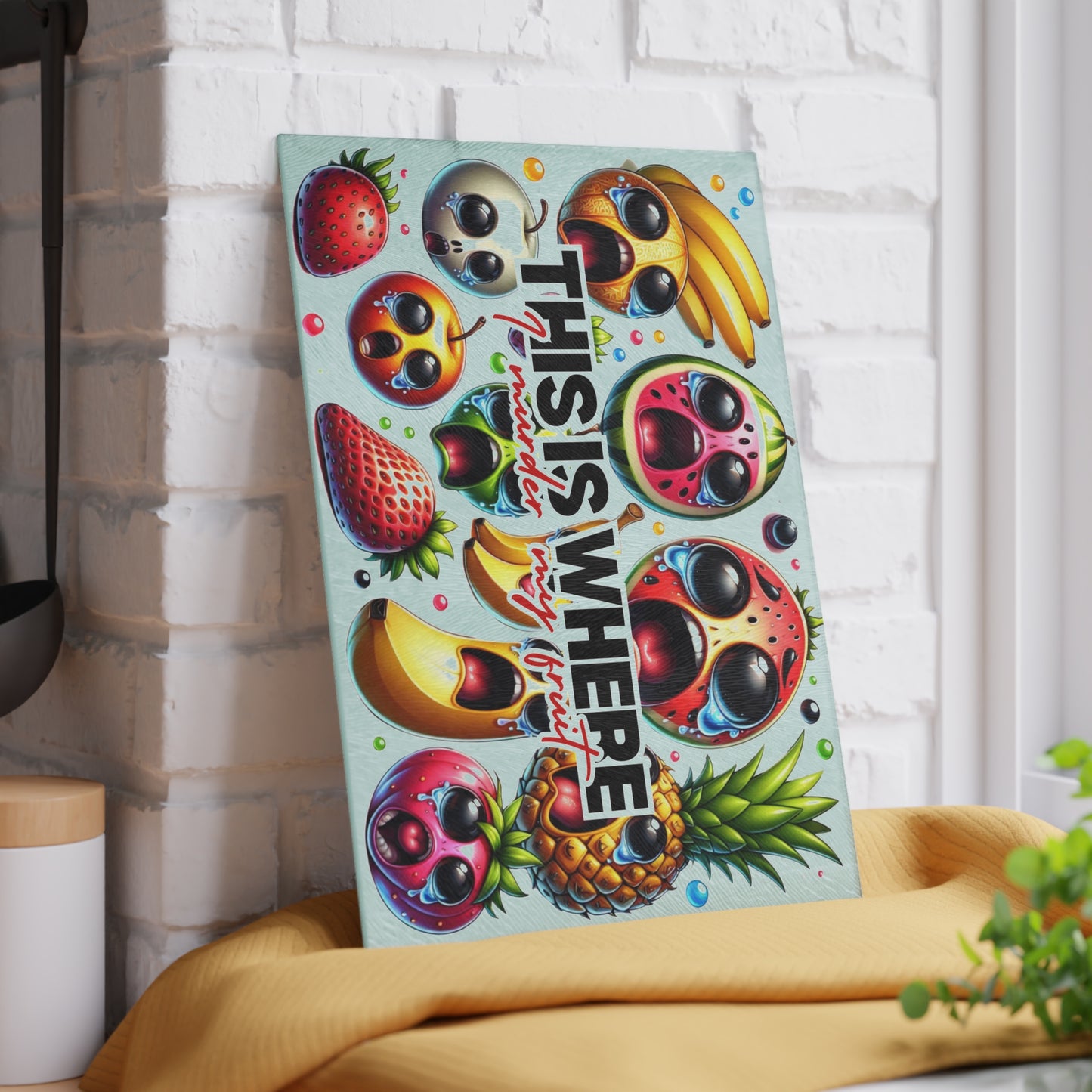 Whimsical Glass Cutting Board - 'This Is Where I Murder My Fruit' Design