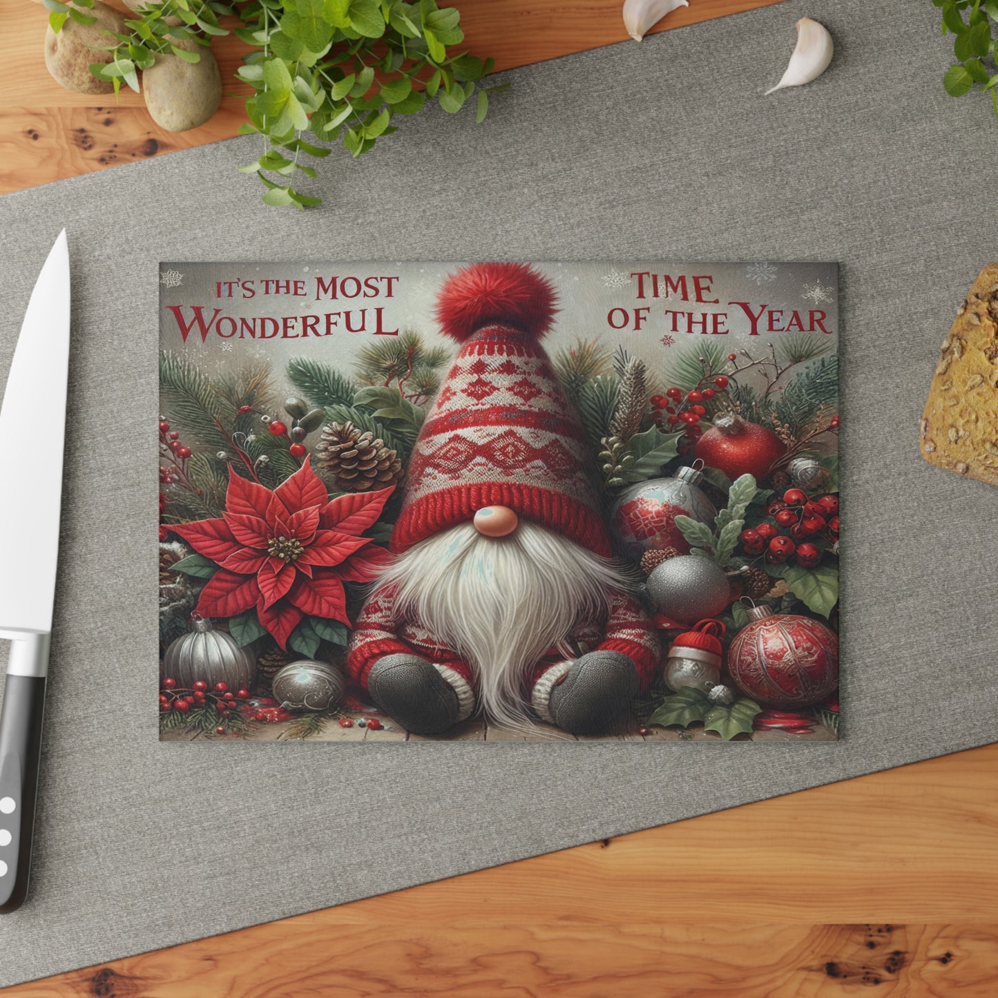 Festive Gnome Glass Cutting Board - Perfect for Holiday Cooking