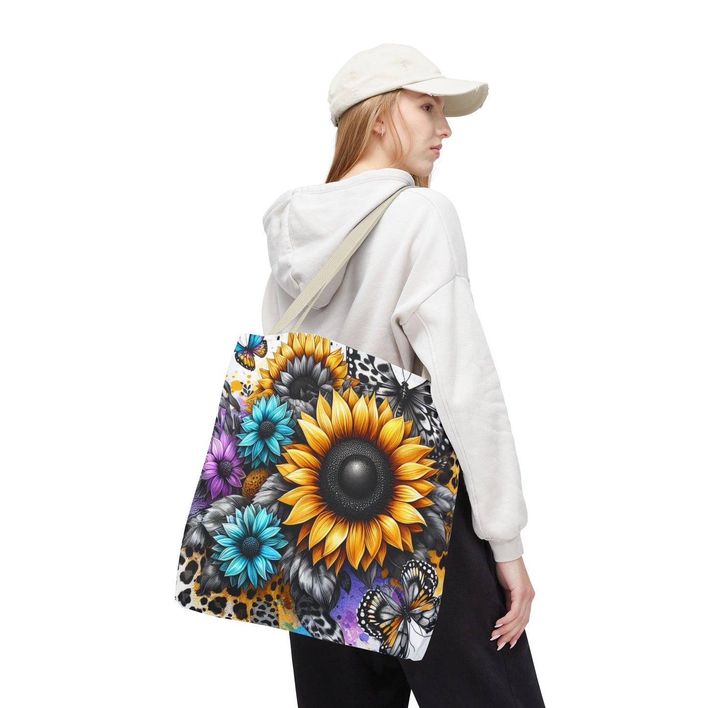 Sunflower & Butterfly Tote Bag — Colorful Floral All-Over Print