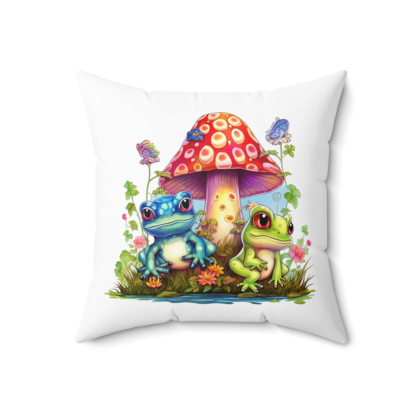 Decorative Spun Polyester Square Pillow, Stylish Mushroom and Frogs Decor for Home or Office, Great Gift Idea for Any Occasion for Anyone