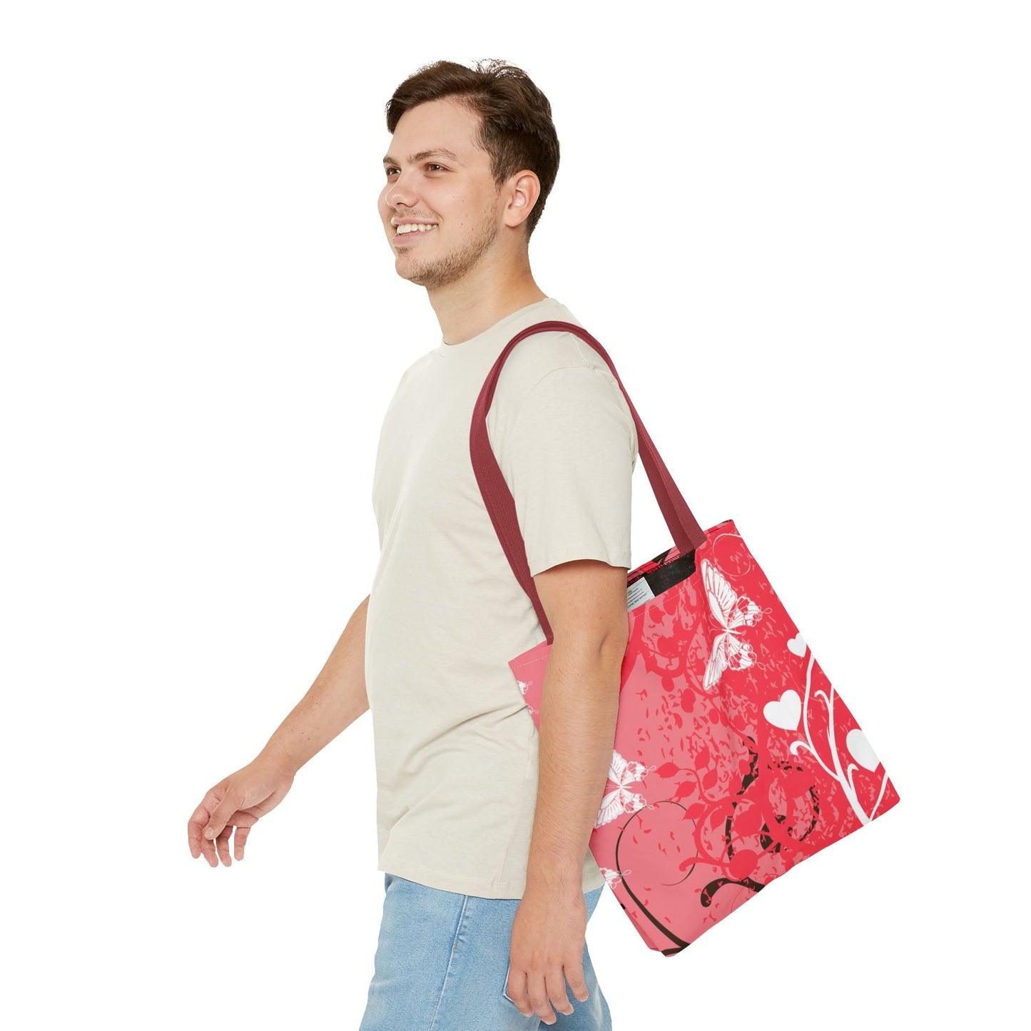 Pink Butterfly Heart Floral Abstract Fashionable Tote Bag (AOP), Stylish, Gift Idea for Birthdays, Holidays, Any Occasion for Anyone