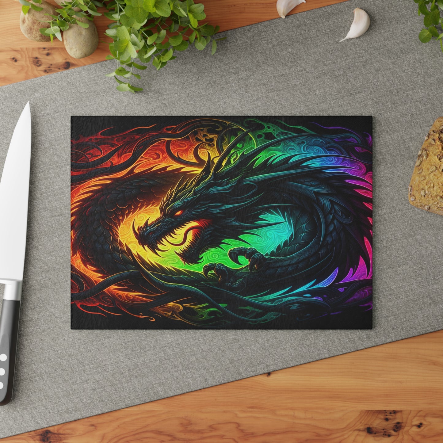 Vibrant Dragon Glass Cutting Board - Colorful Kitchen Art