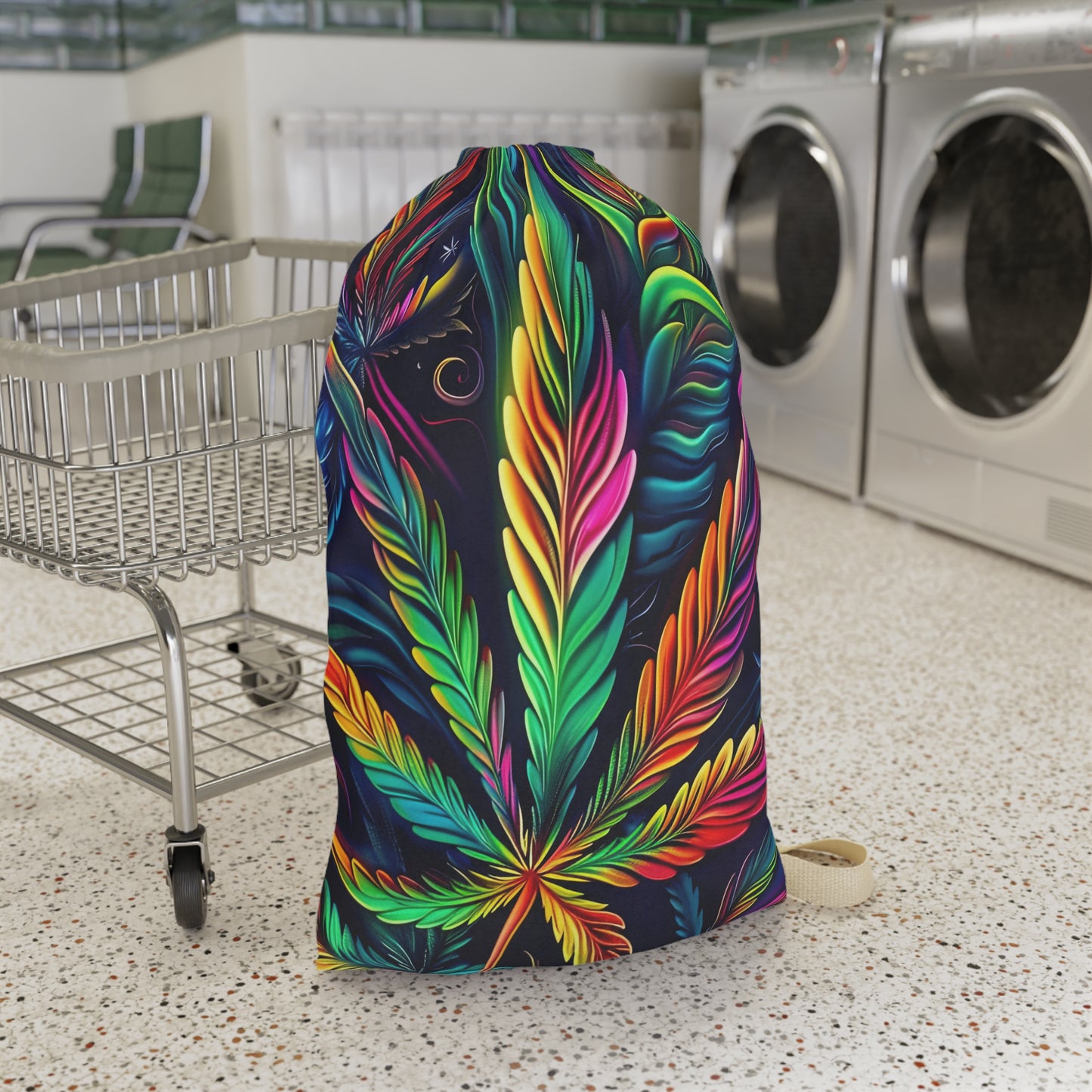 Vibrant Rainbow Botanical Leaf Laundry Bag — Boho Hippie Drawstring Tote for Dorms & Travel