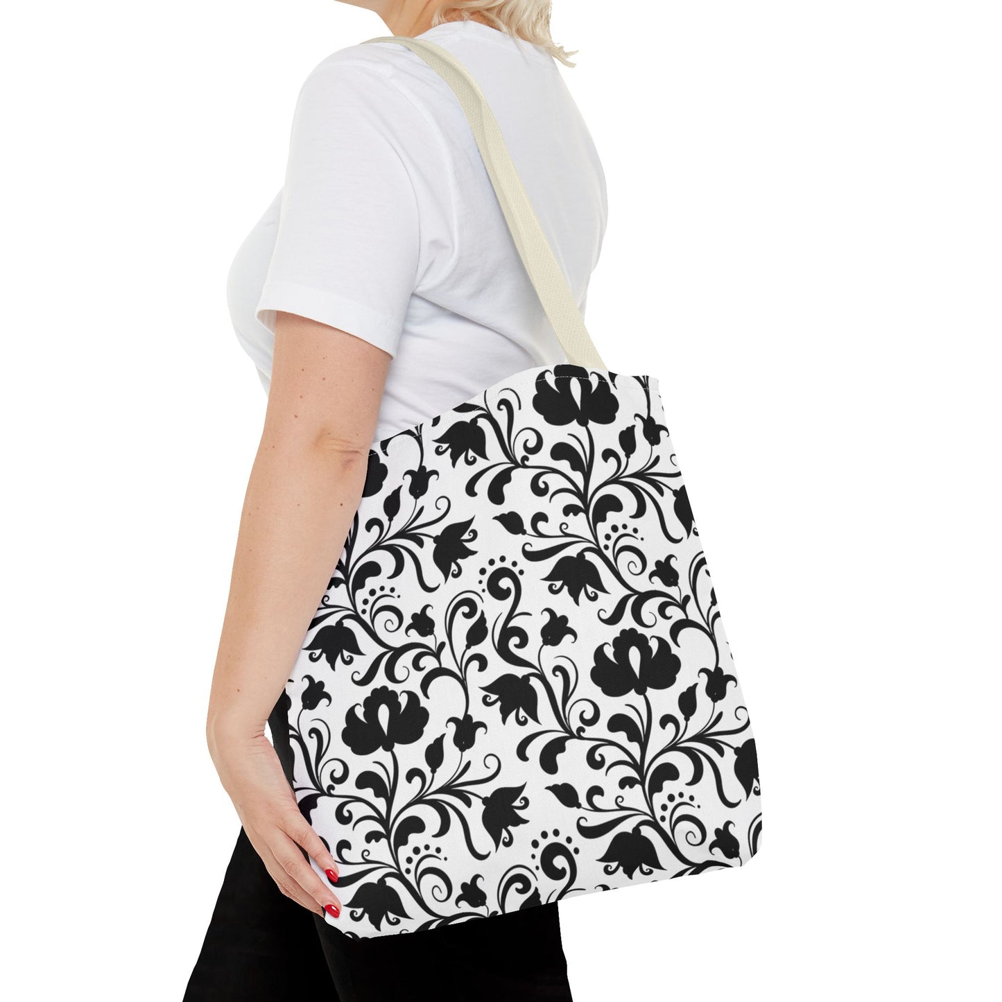 Black and White Floral Tote Bag - Stylish AOP Fashion Everyday Gift