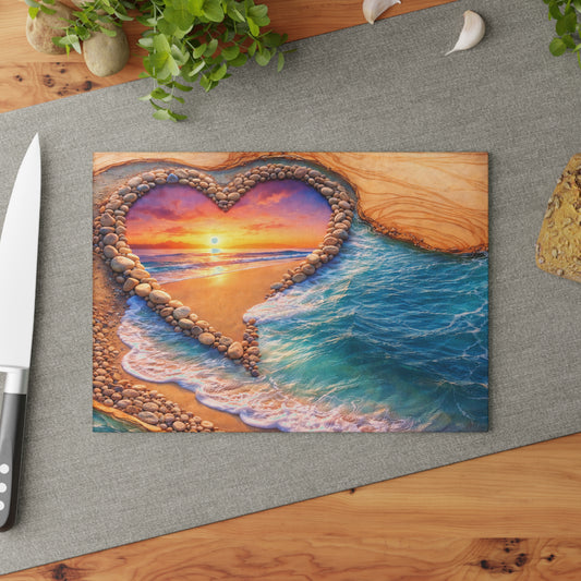 Glass Cutting Board - Heart Beach Sunset Seaside Design
