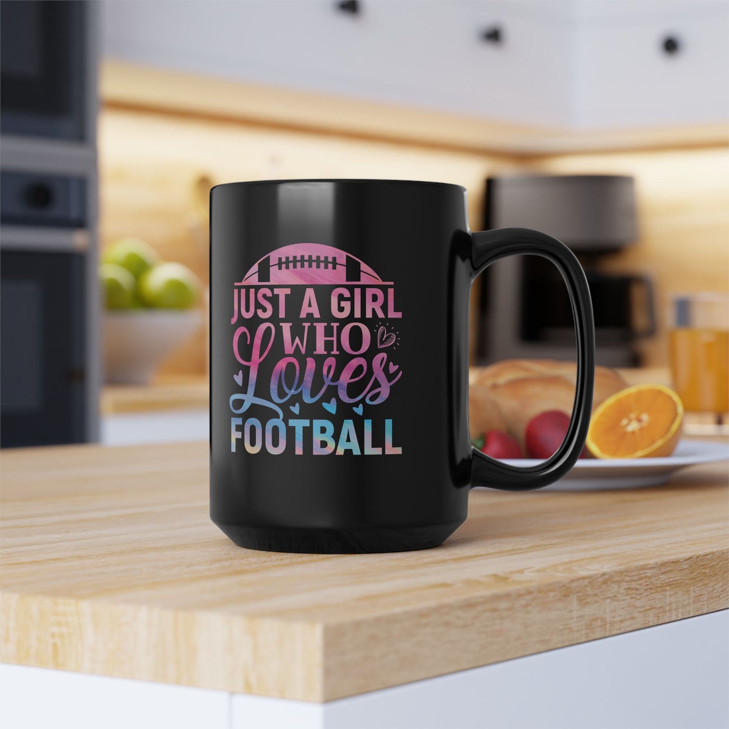 Football Theme for Her Black Mug (11oz, 15oz), Cute Football Quote, Hot Chocolate, Tea, Coffee Lovers, Football Lovers, Great Gift Idea for Any Occasion for Her