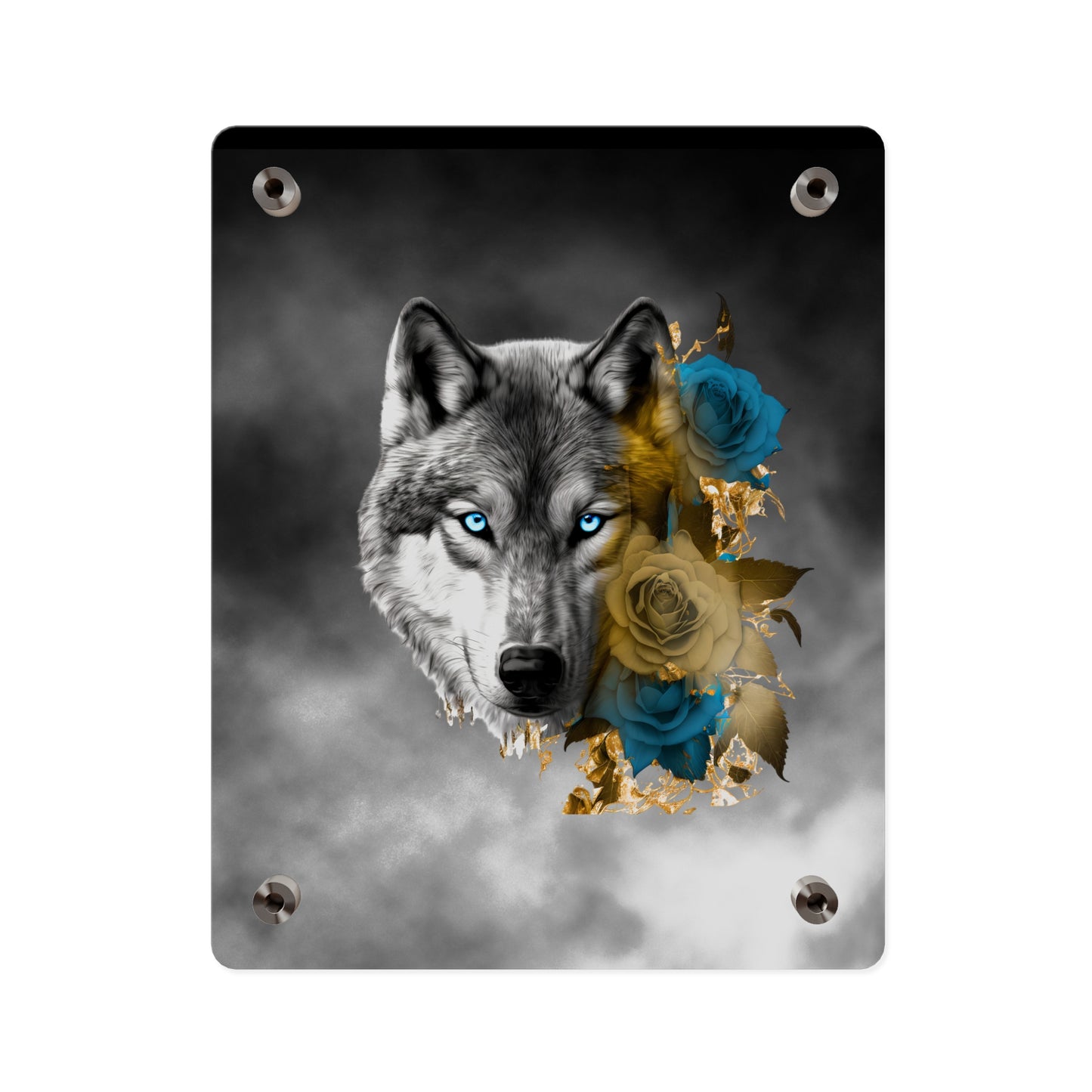 Lively Wolf Acrylic Wall Art Panel - Blue Roses Decor